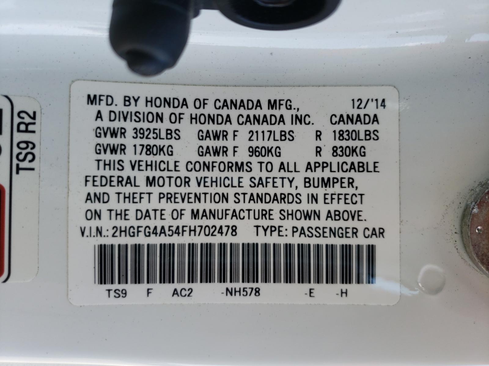 Photo 10 from auction – 2015 HONDA CIVIC SI with VIN 2HGFG4A54FH702478