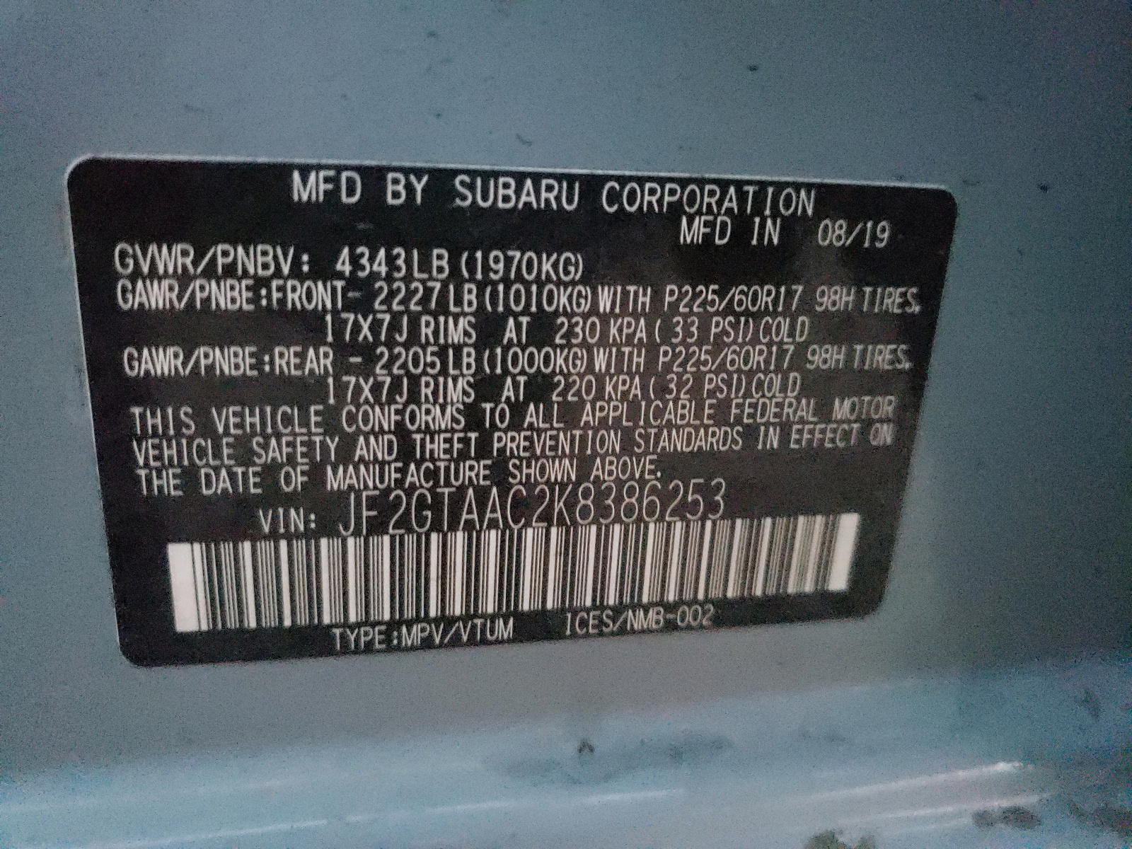 Photo 10 from auction – 2019 SUBARU CROSSTREK with VIN JF2GTAAC2K8386253