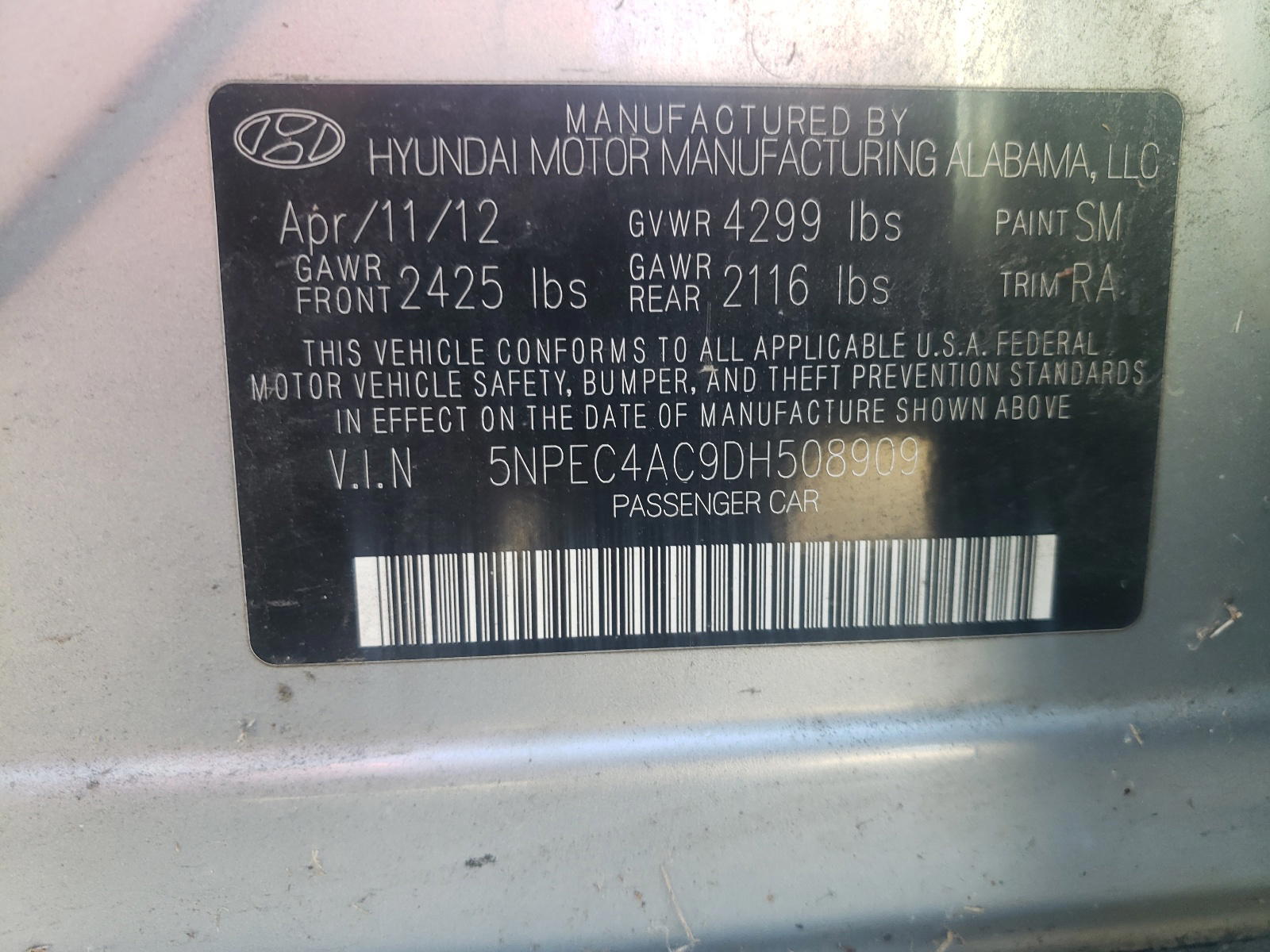 Photo 10 from auction – 2013 HYUNDAI SONATA SE with VIN 5NPEC4AC9DH508909