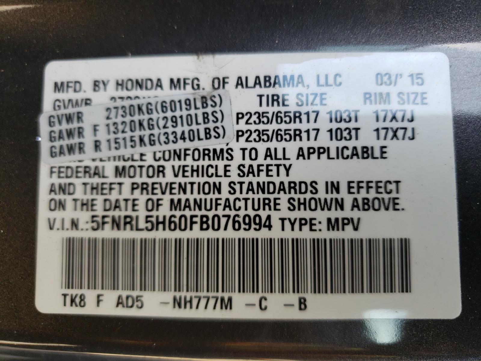 Photo 10 from auction – 2015 HONDA ODYSSEY EX with VIN 5FNRL5H60FB076994