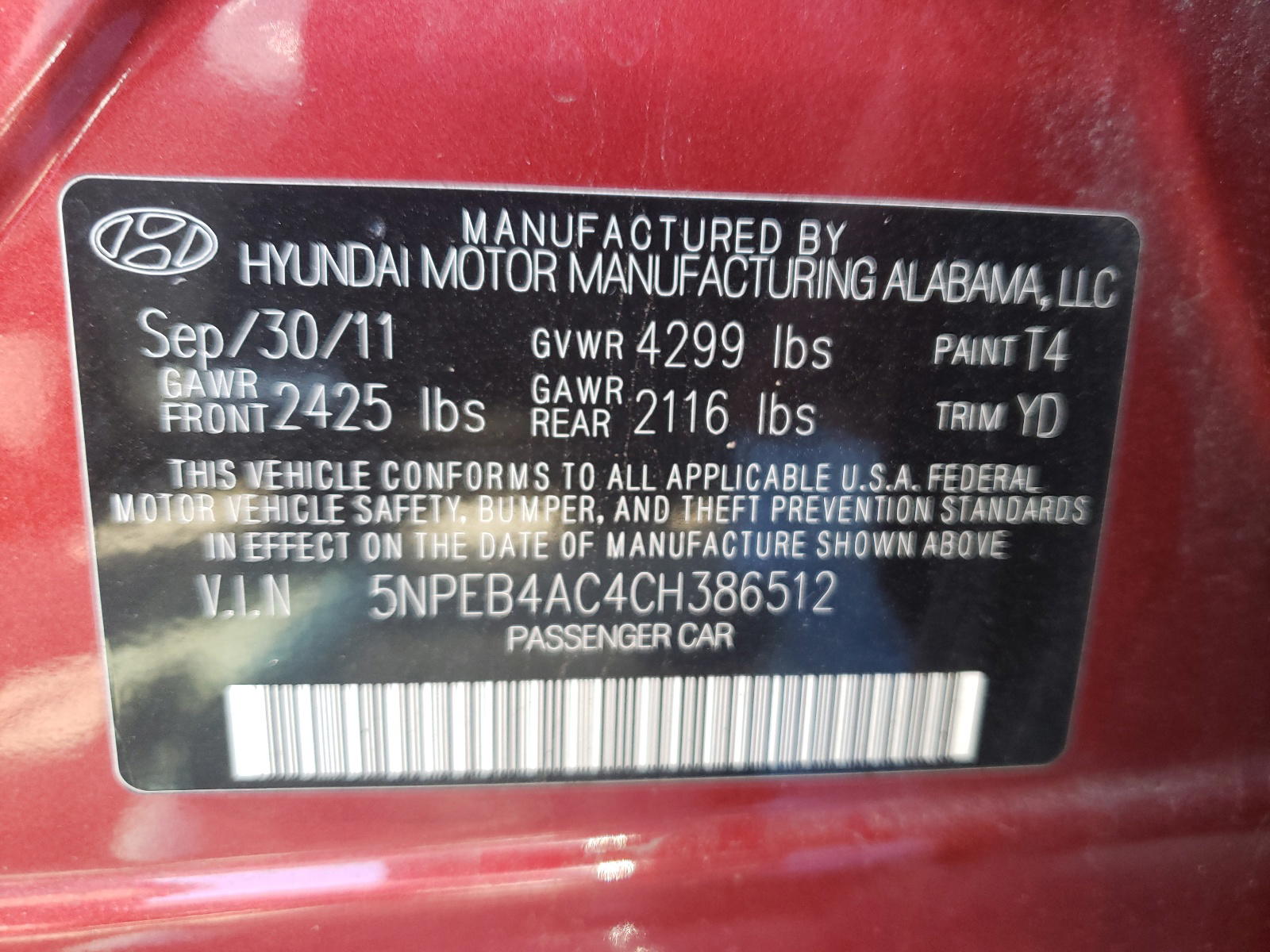Photo 10 from auction – 2012 HYUNDAI SONATA GLS with VIN 5NPEB4AC4CH386512