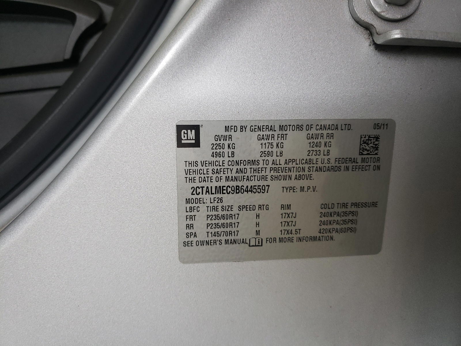 Photo 10 from auction – 2011 GMC TERRAIN SL with VIN 2CTALMEC9B6445597