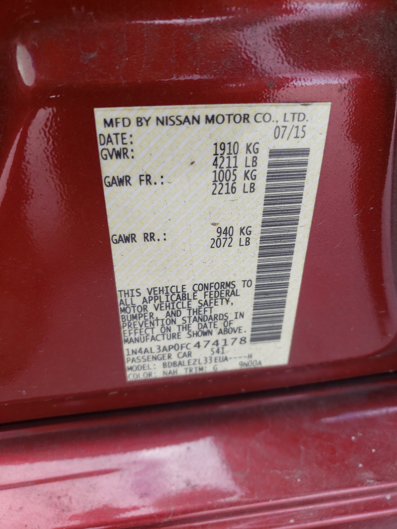Photo 10 from auction – 2015 NISSAN ALTIMA 2.5 with VIN 1N4AL3AP0FC474178