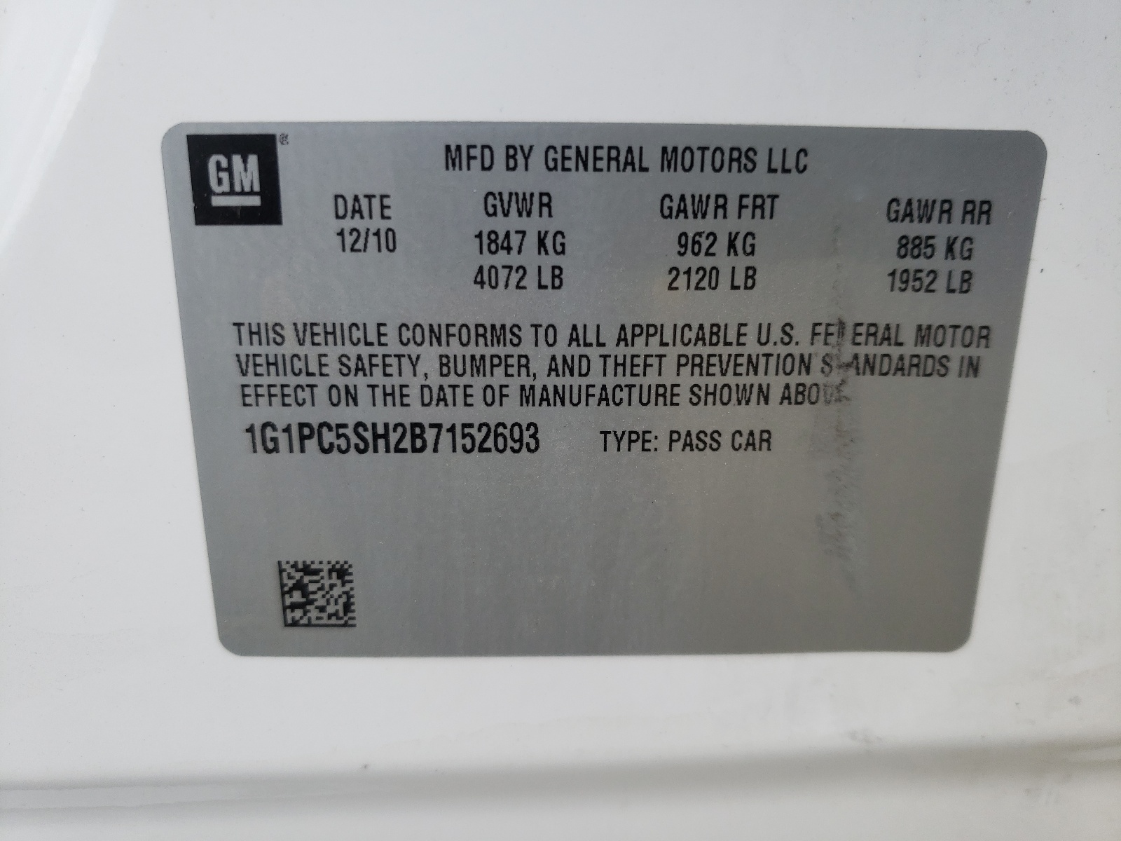 Photo 10 from auction – 2011 CHEVROLET CRUZE LS with VIN 1G1PC5SH2B7152693