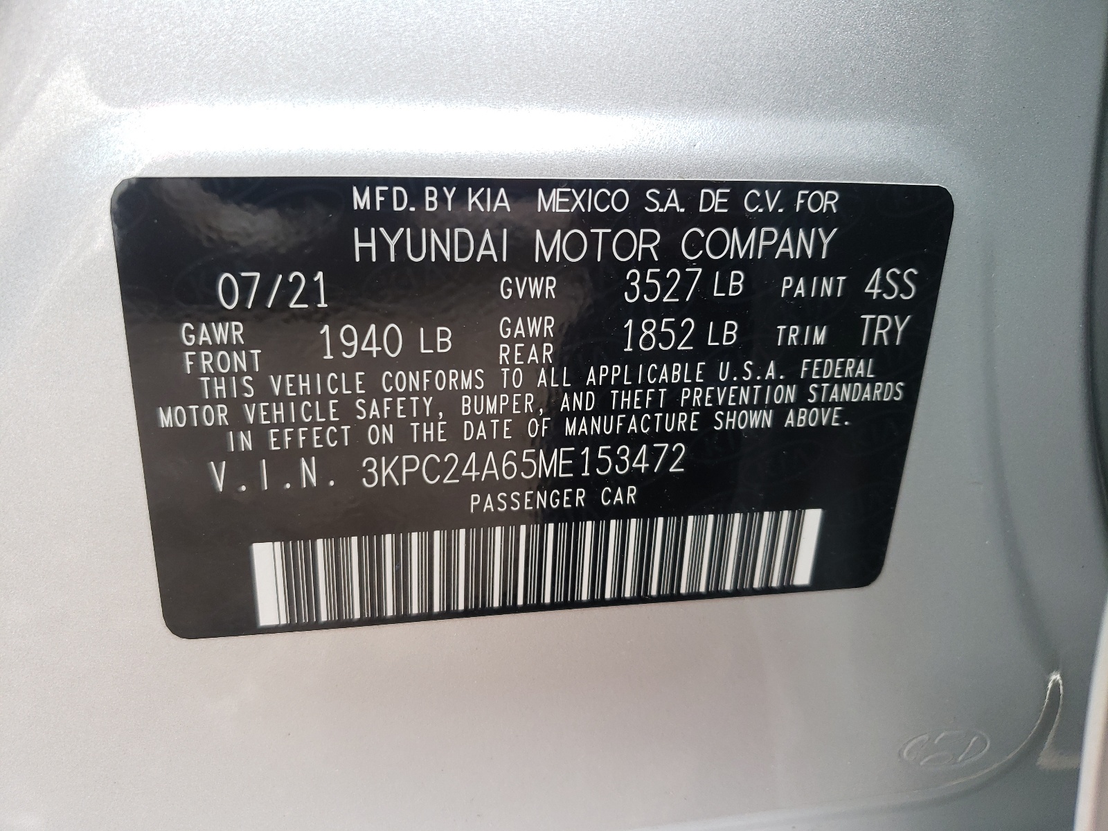 Photo 10 from auction – 2021 HYUNDAI ACCENT SE with VIN 3KPC24A65ME153472