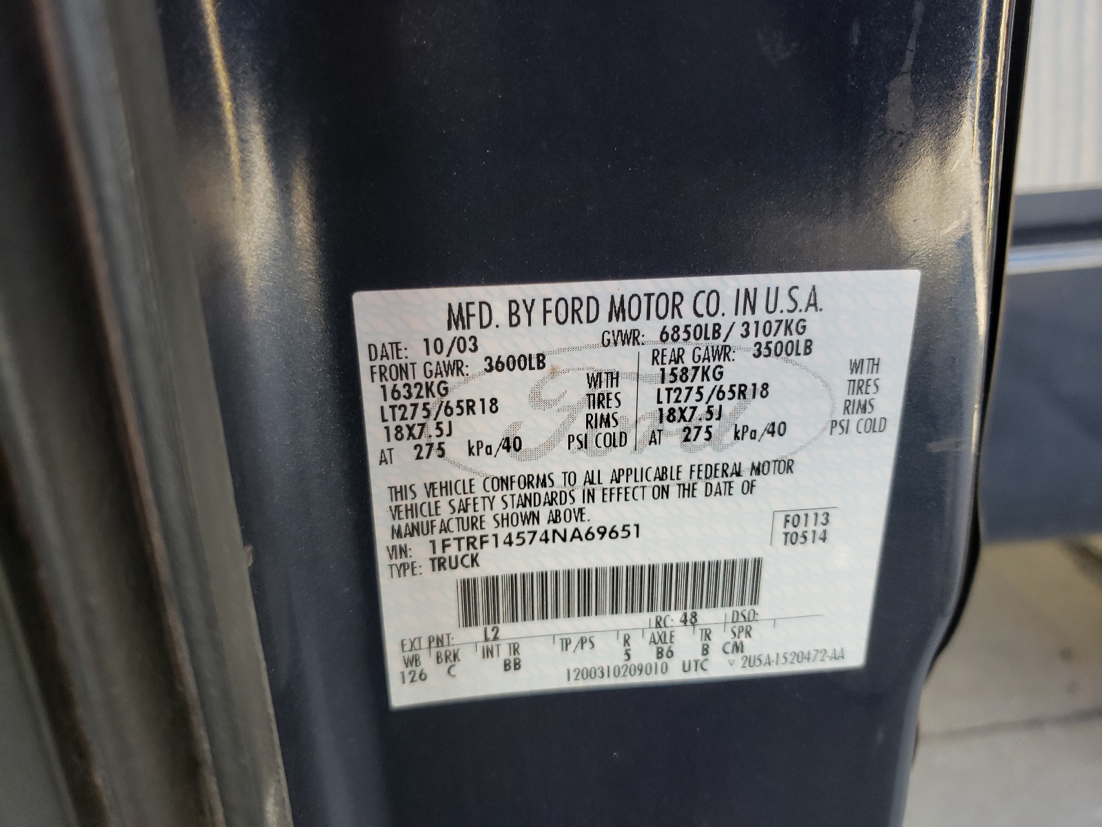 Zdjęcie 10 z aukcji – 2004 FORD F150 z VIN 1FTRF14574NA69651