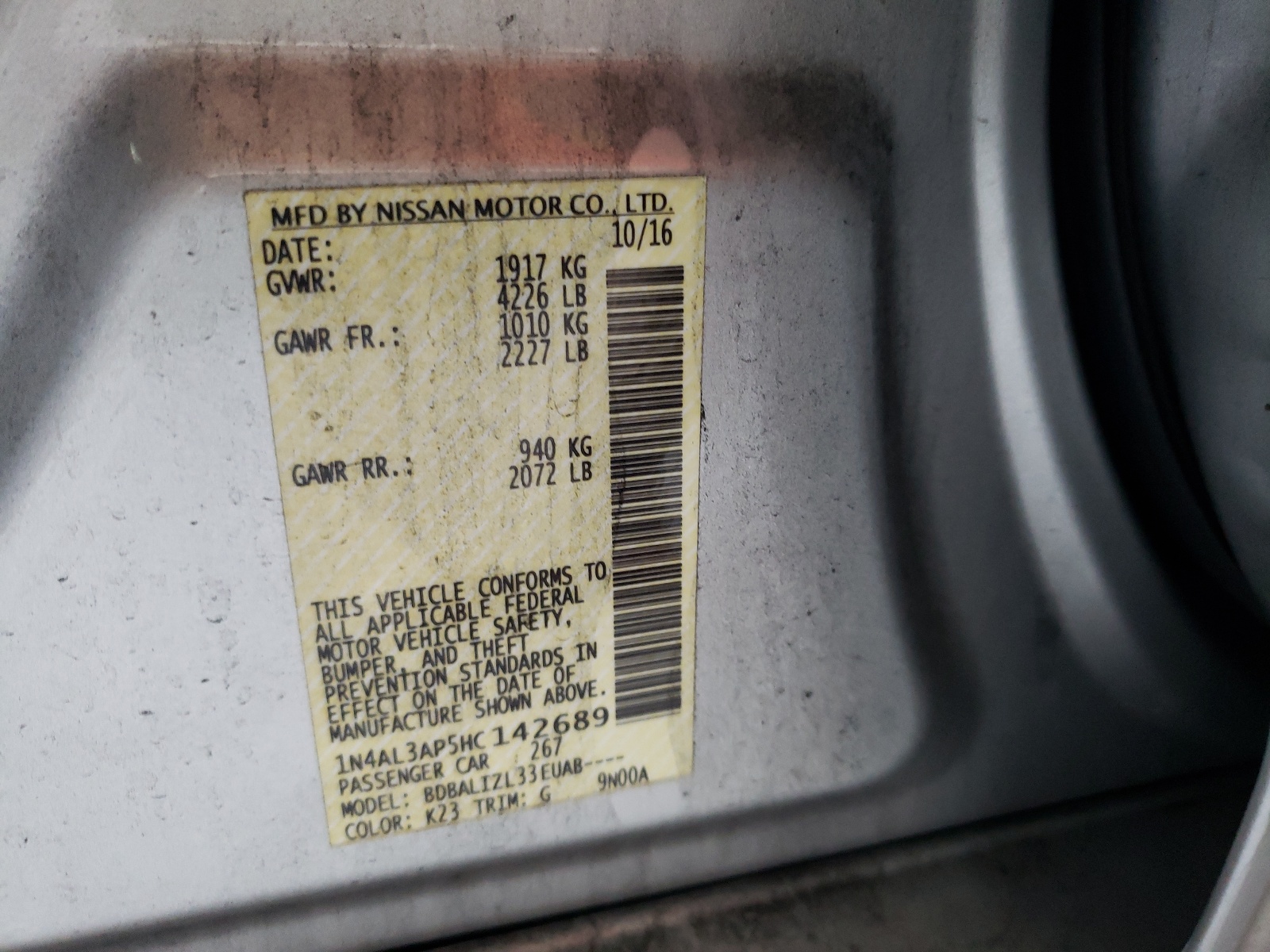 Photo 10 from auction – 2017 NISSAN ALTIMA 2.5 with VIN 1N4AL3AP5HC142689