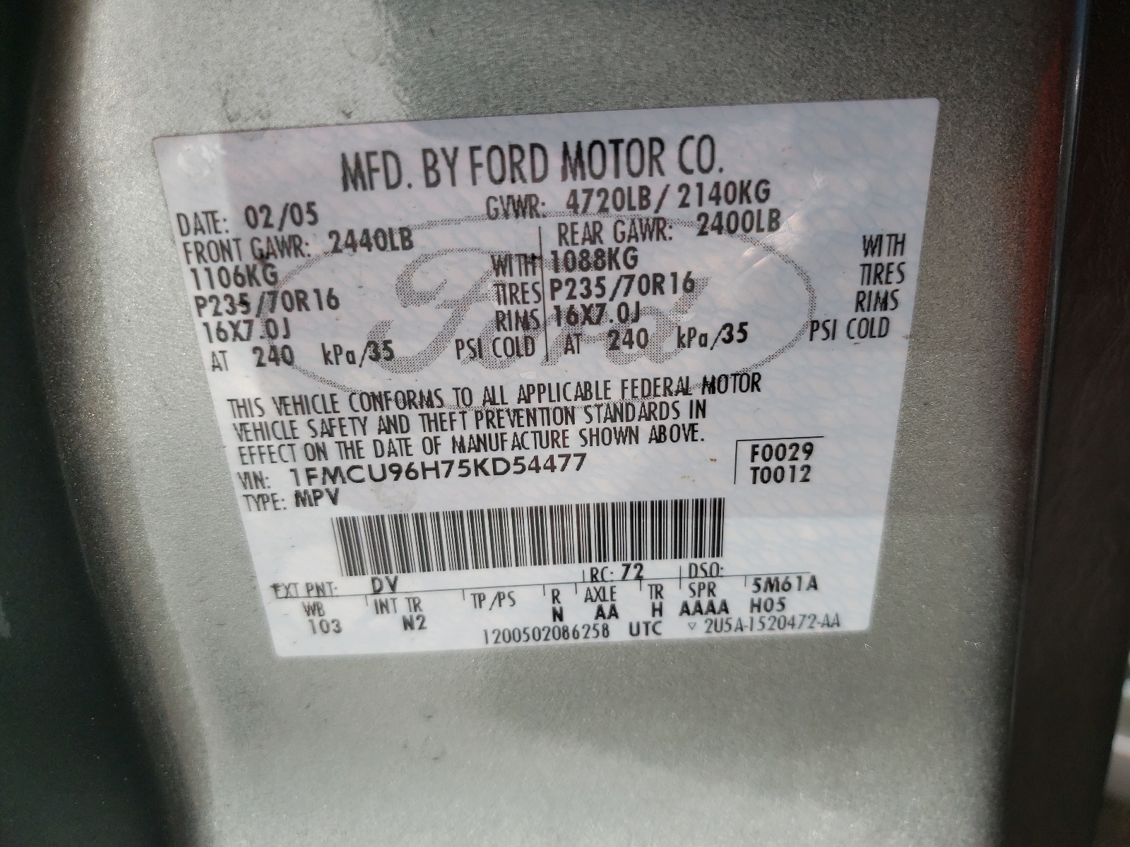 Photo 10 from auction – 2005 FORD ESCAPE HEV with VIN 1FMCU96H75KD54477