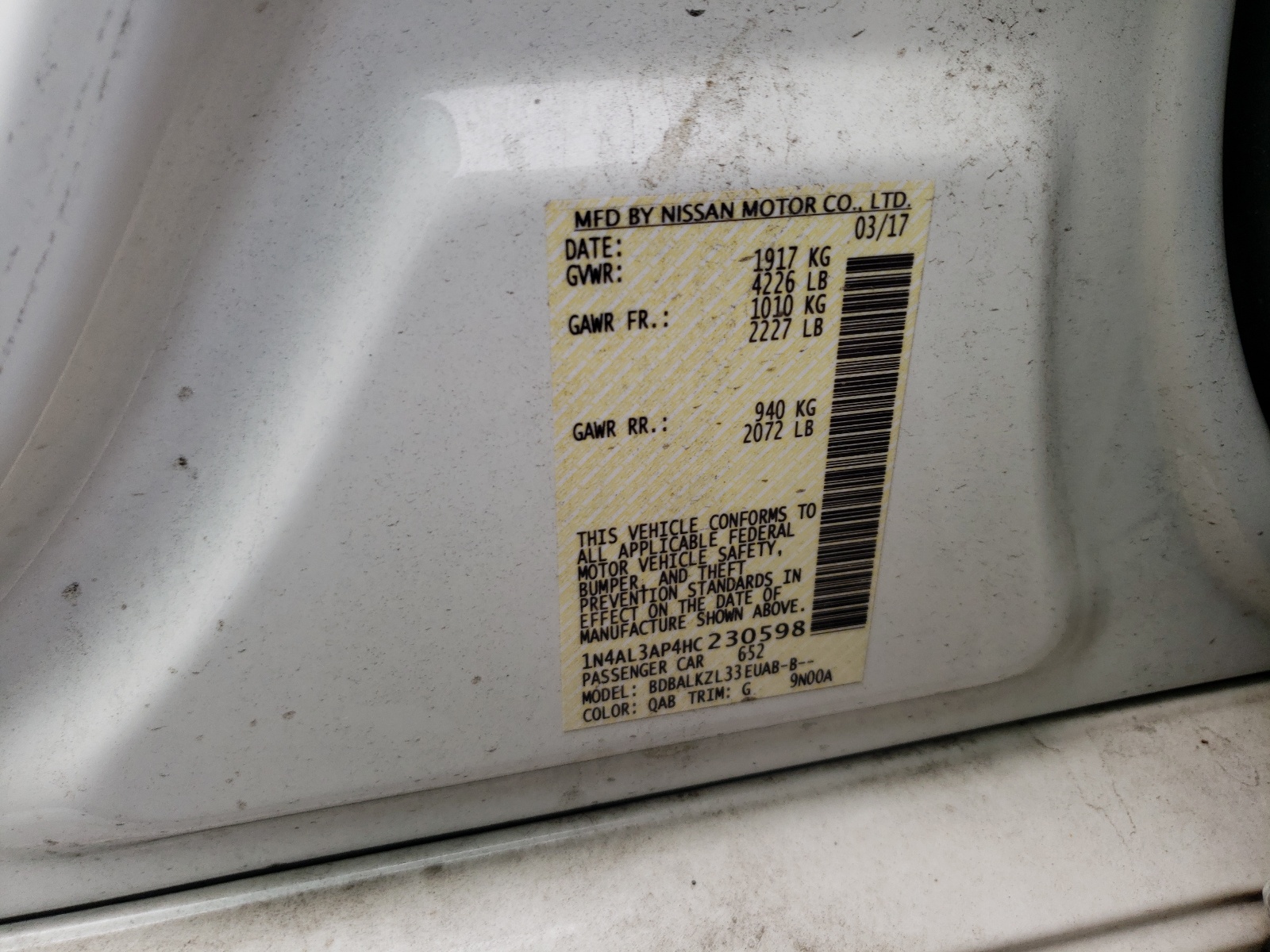 Photo 10 from auction – 2017 NISSAN ALTIMA 2.5 with VIN 1N4AL3AP4HC230598