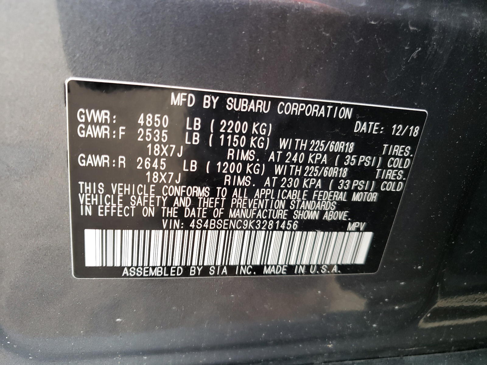 Photo 10 from auction – 2019 SUBARU OUTBACK 3. with VIN 4S4BSENC9K3281456