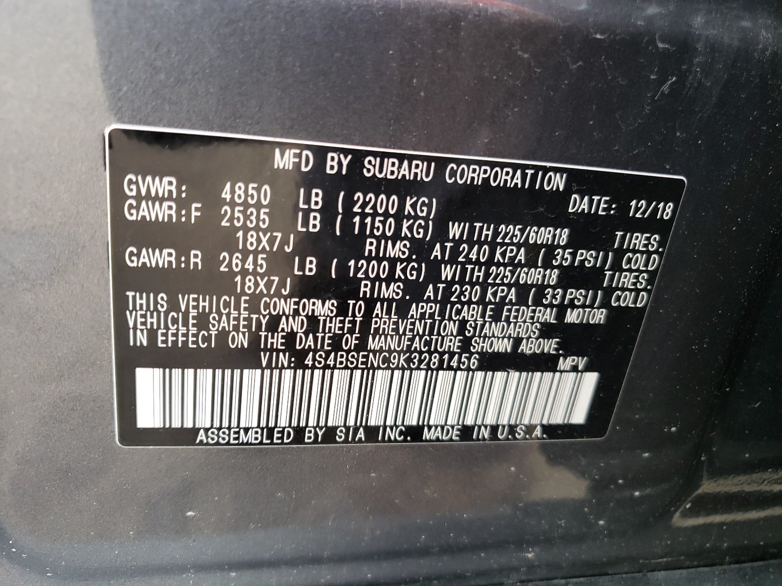 Zdjęcie 10 z aukcji – 2019 SUBARU OUTBACK 3. z VIN 4S4BSENC9K3281456