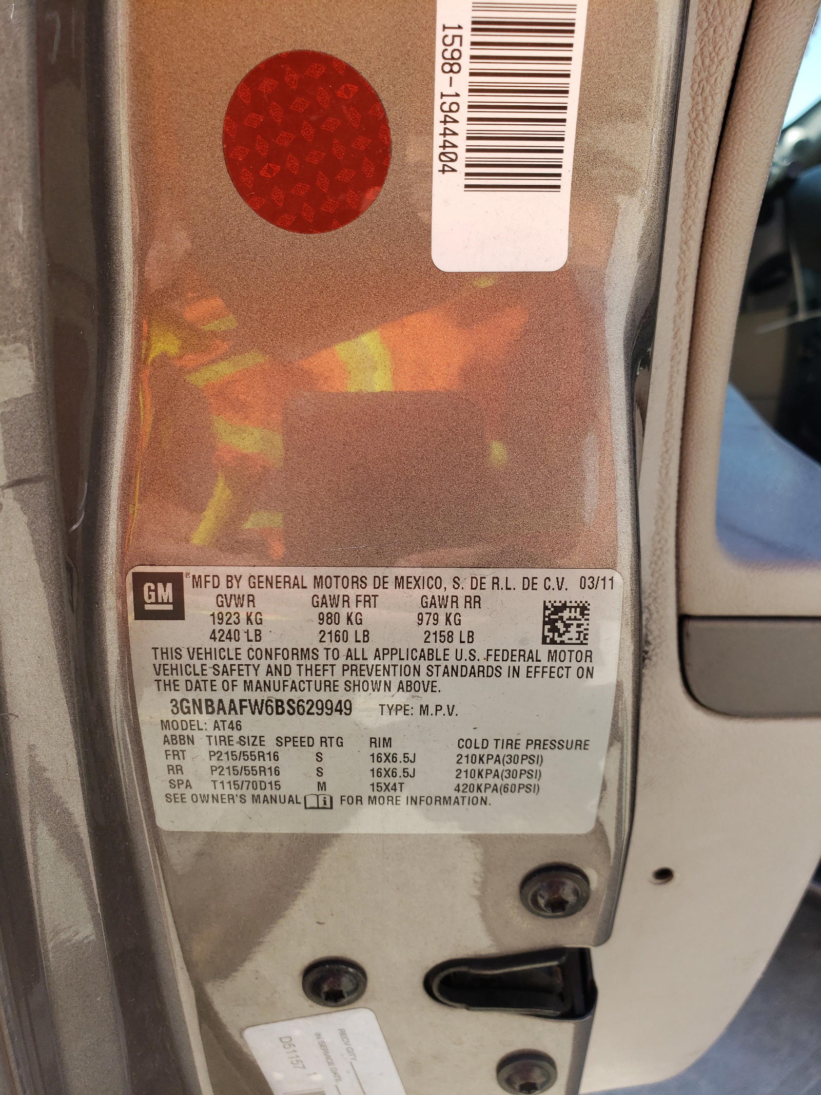 Photo 10 from auction – 2011 CHEVROLET HHR LS with VIN 3GNBAAFW6BS629949
