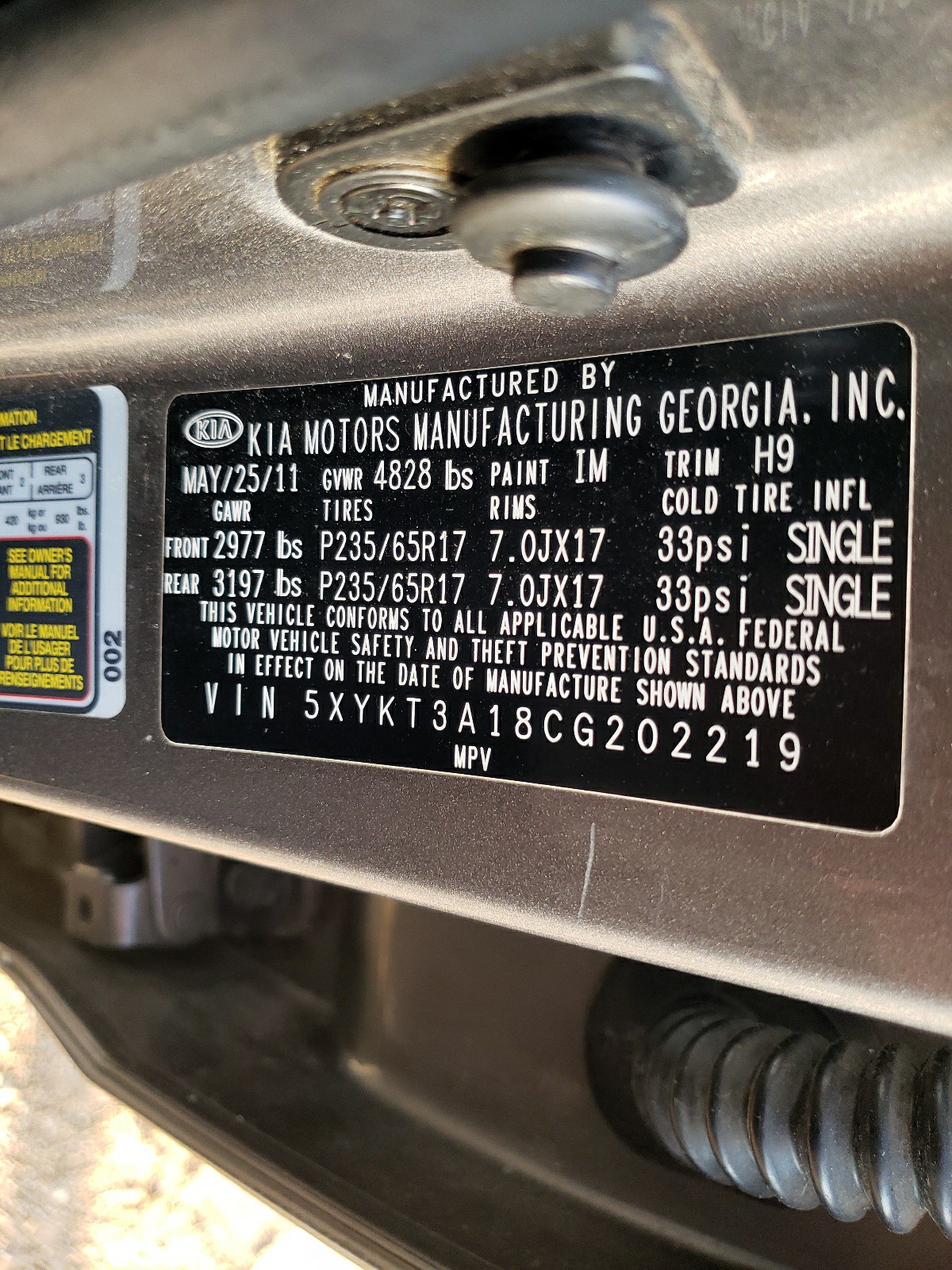 Photo 10 from auction – 2012 KIA SORENTO BA with VIN 5XYKT3A18CG202219