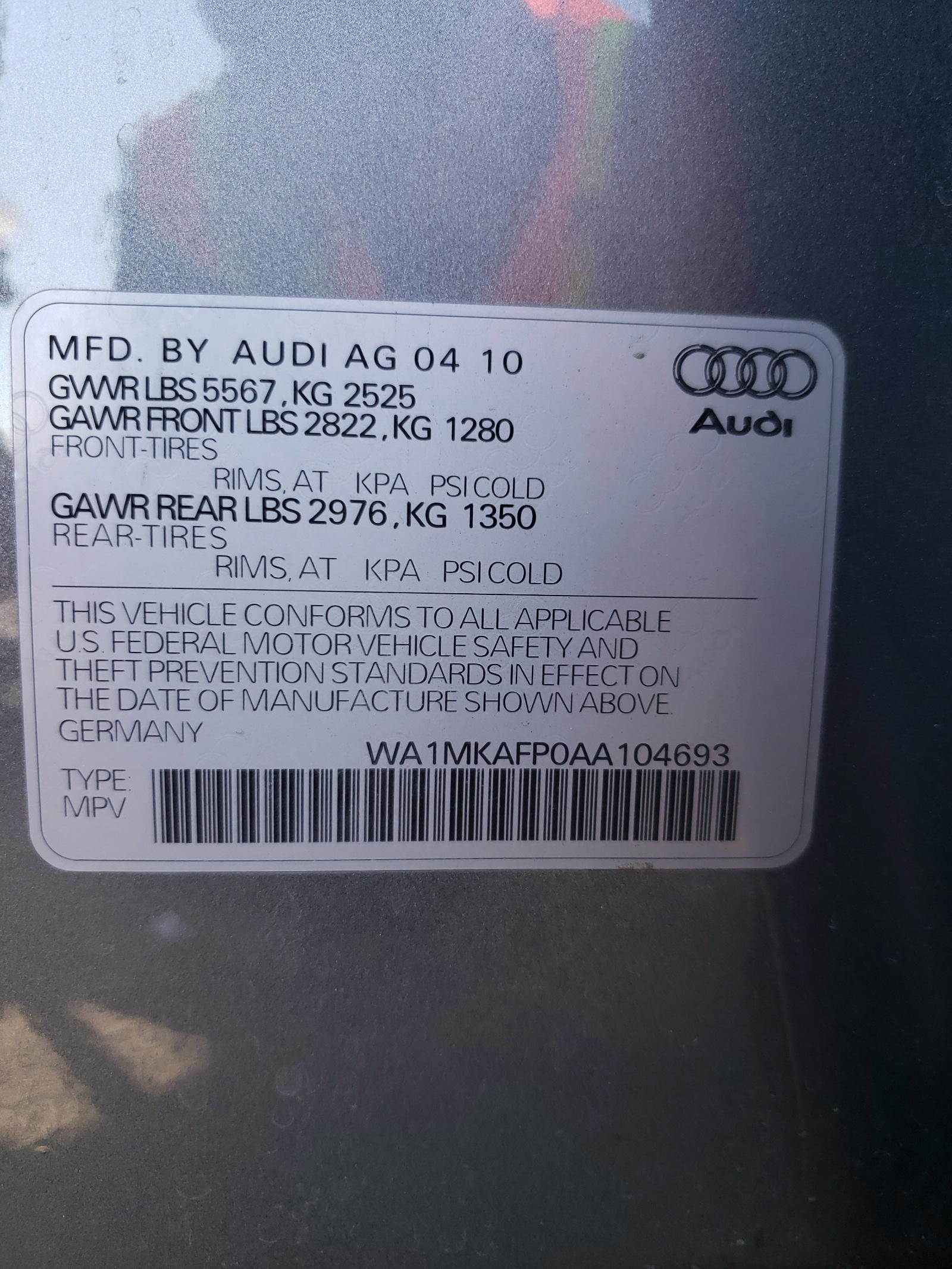 Photo 10 from auction – 2010 AUDI Q5 PREMIUM with VIN WA1MKAFP0AA104693
