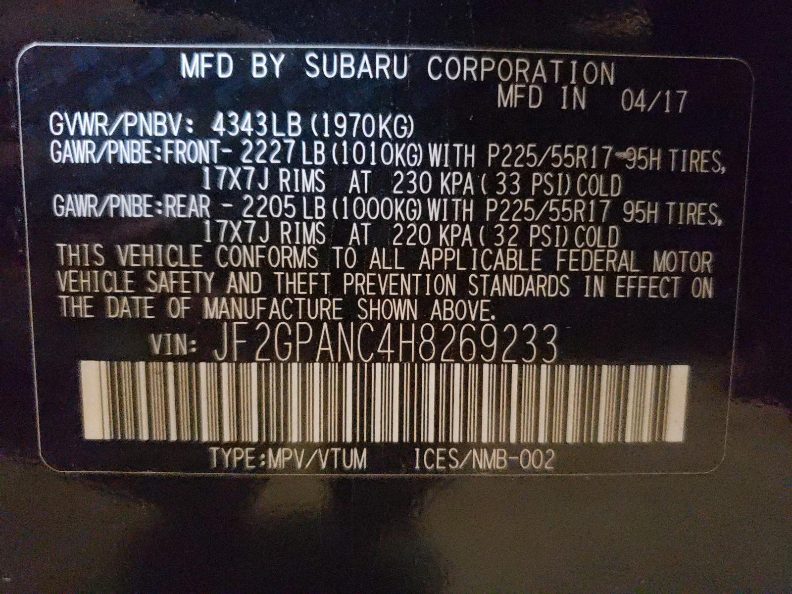 Photo 10 from auction – 2017 SUBARU CROSSTREK with VIN JF2GPANC4H8269233