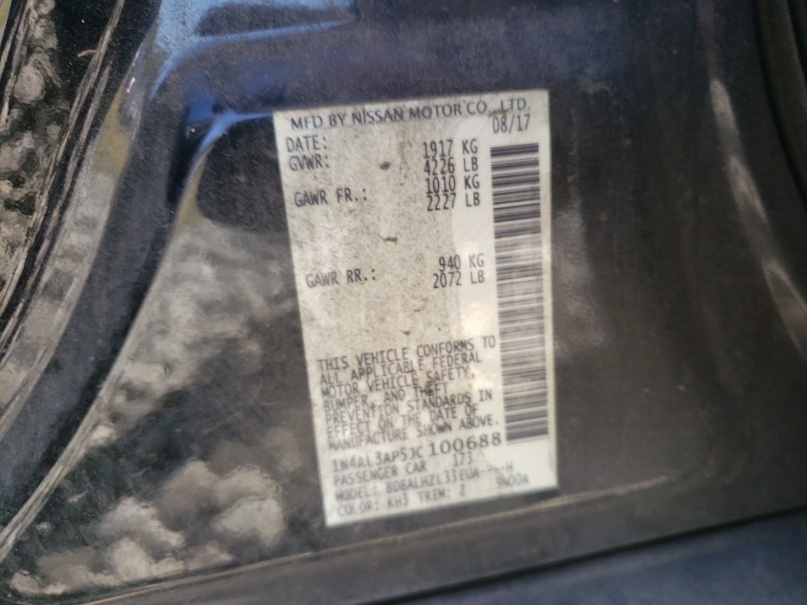 Photo 10 from auction – 2018 NISSAN ALTIMA 2.5 with VIN 1N4AL3AP5JC100688