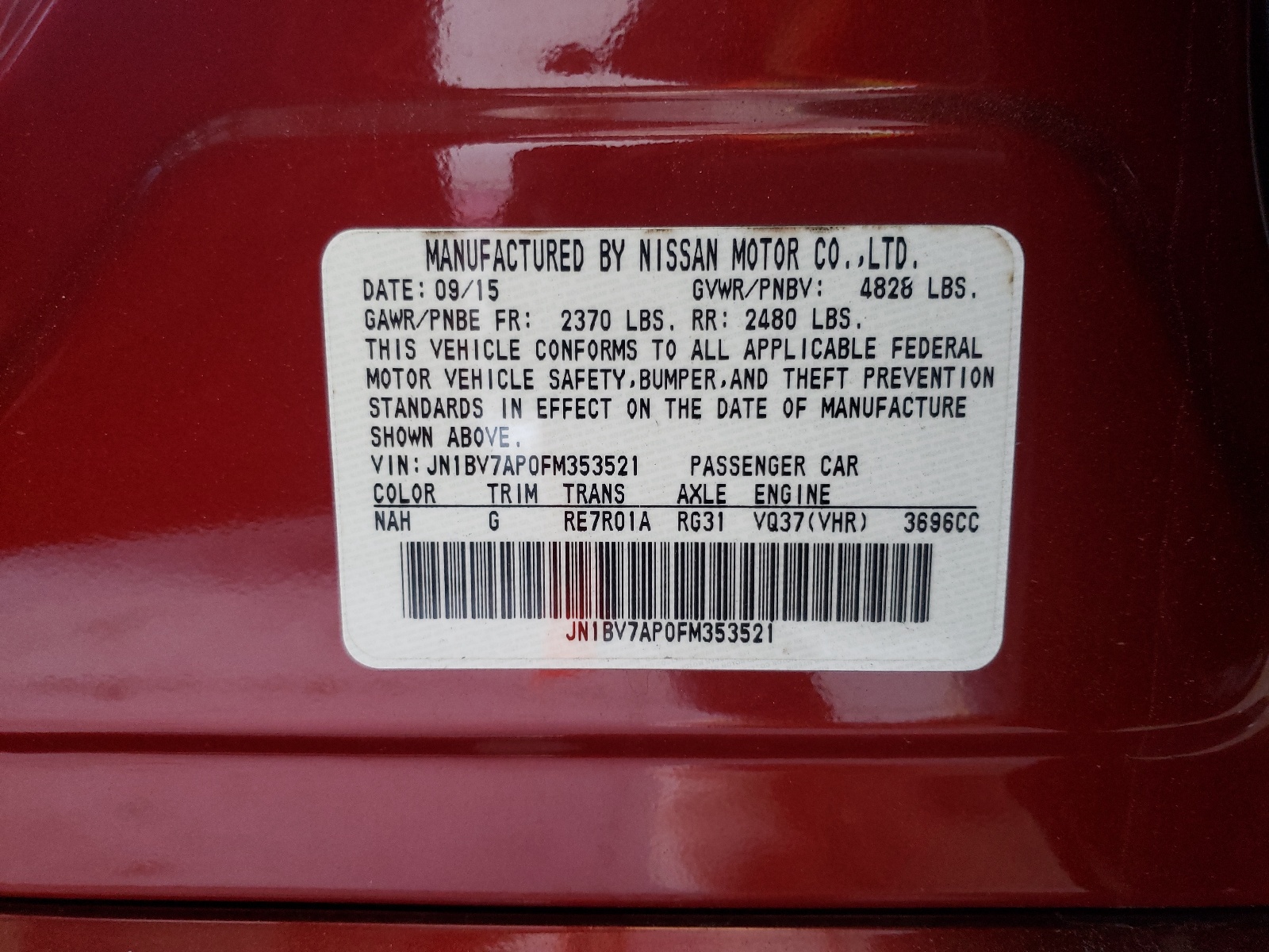 Photo 10 from auction – 2015 INFINITI Q50 BASE with VIN JN1BV7AP0FM353521
