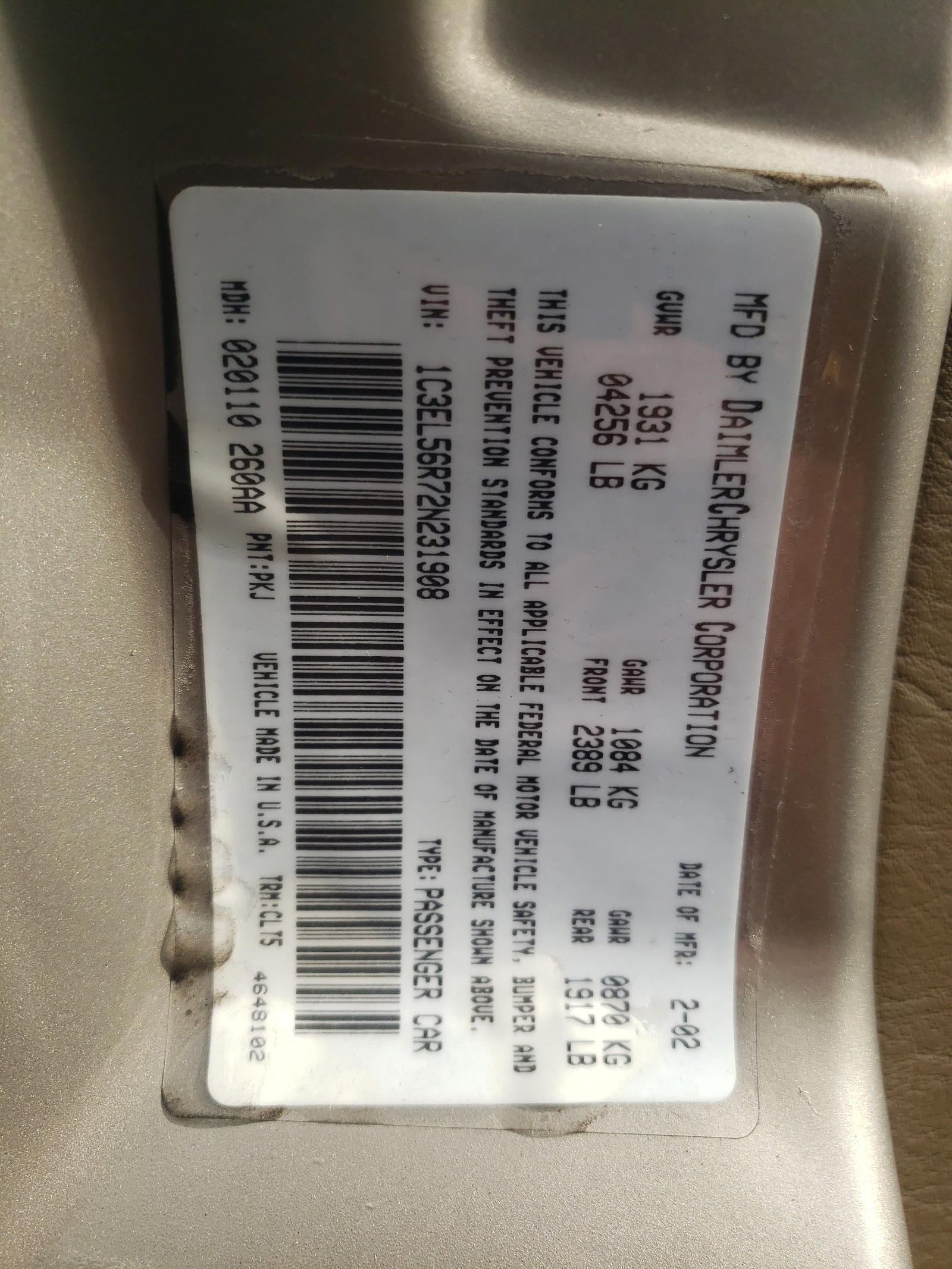 Photo 10 from auction – 2002 CHRYSLER SEBRING LX with VIN 1C3EL56R72N231908