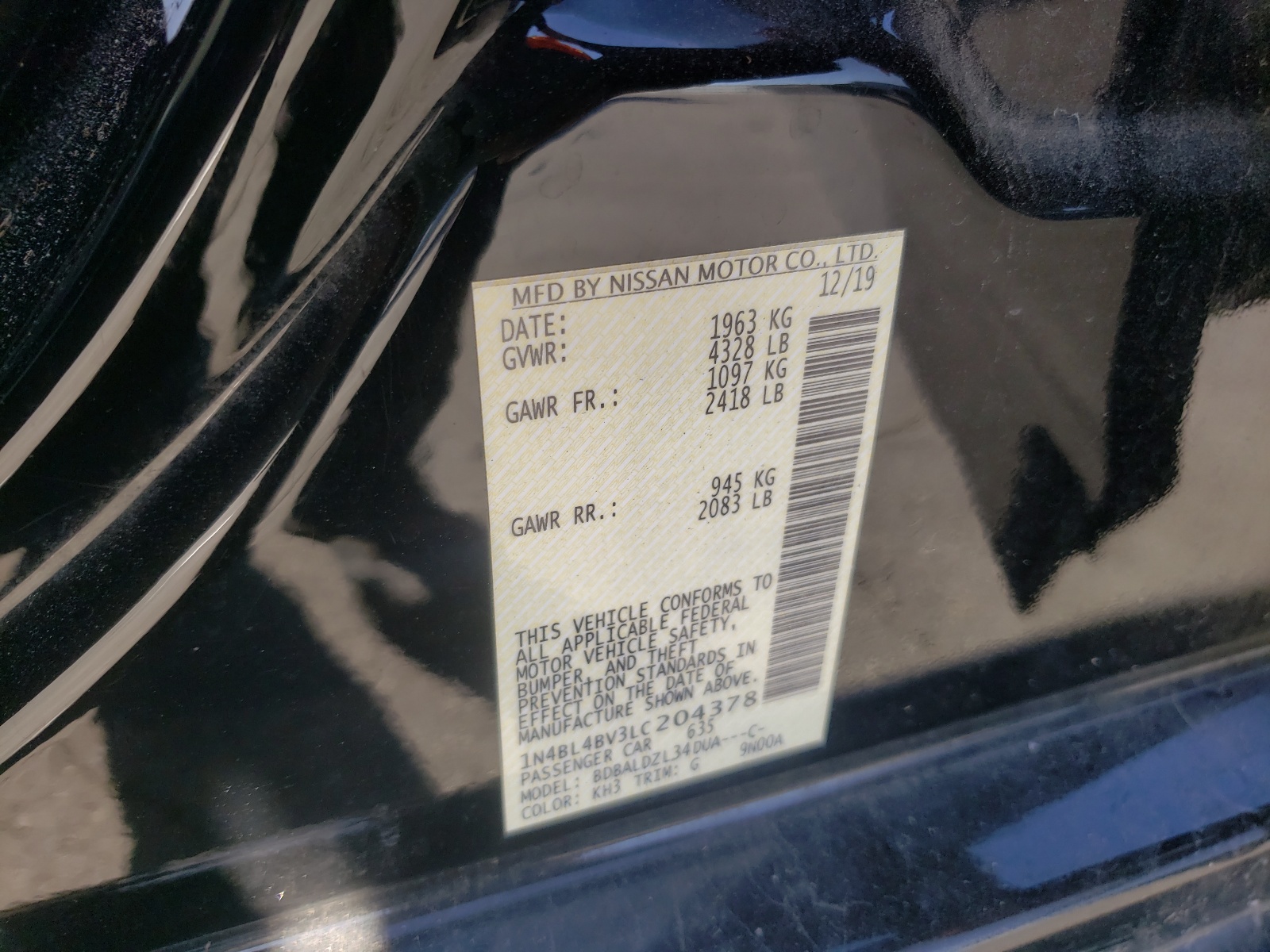 Photo 10 from auction – 2020 NISSAN ALTIMA S with VIN 1N4BL4BV3LC204378