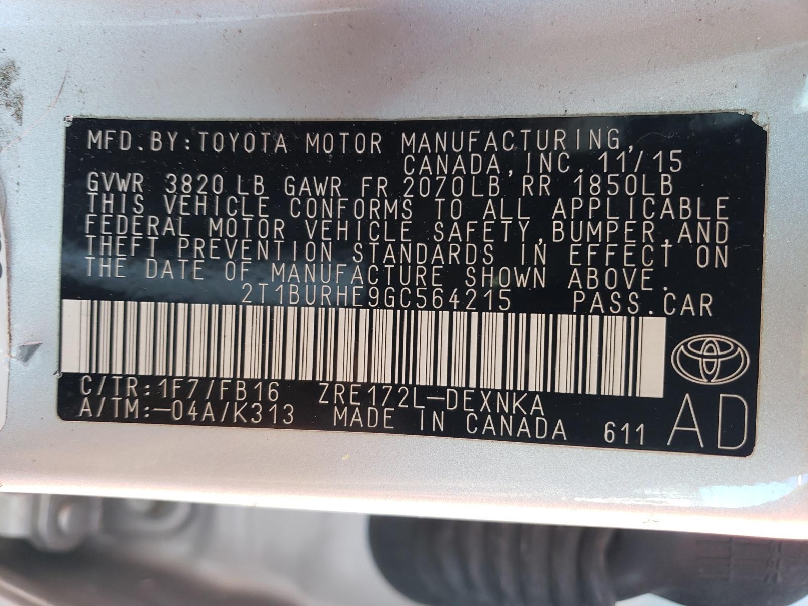 Photo 10 from auction – 2016 TOYOTA COROLLA L with VIN 2T1BURHE9GC564215
