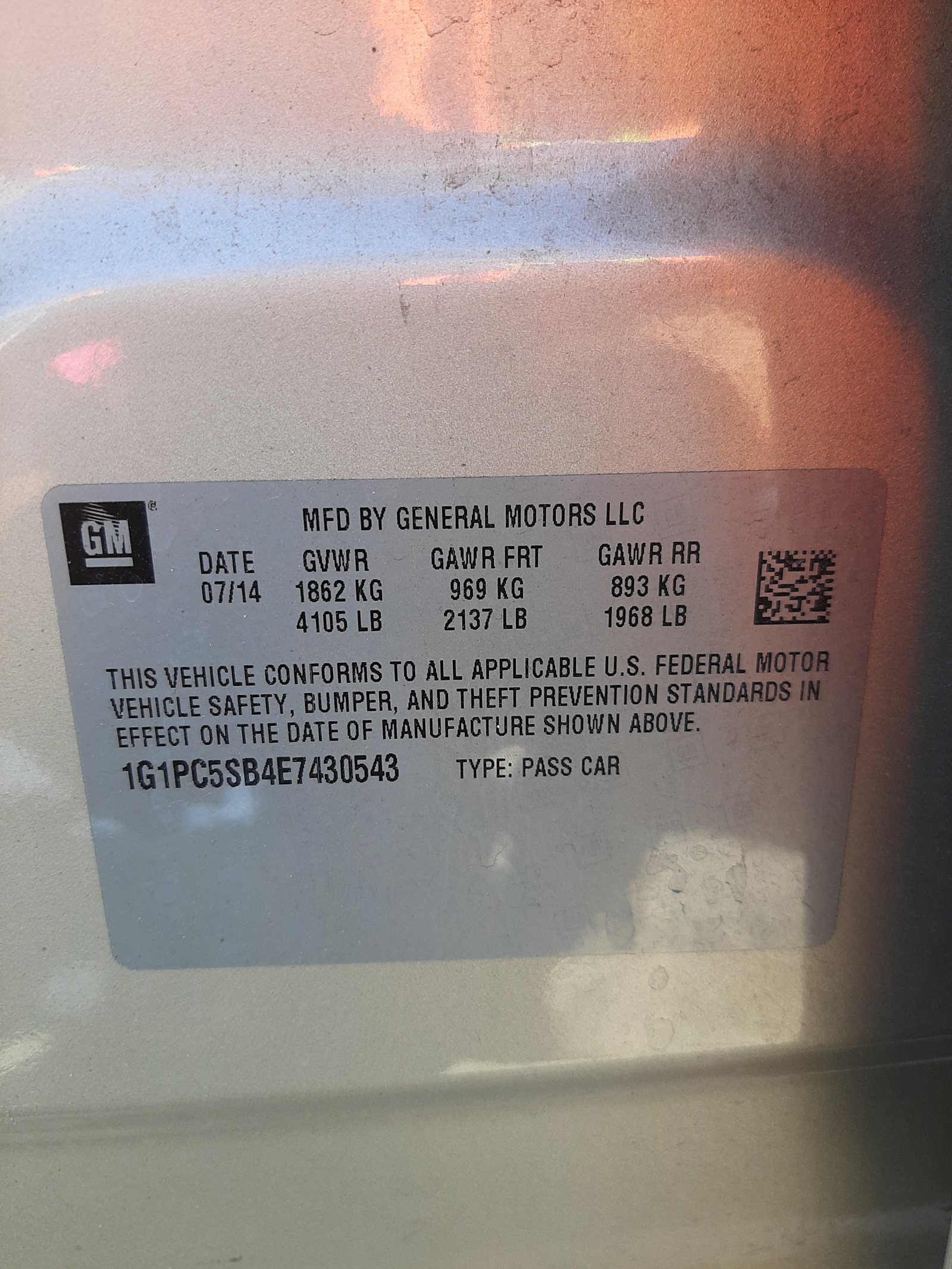 Photo 10 from auction – 2014 CHEVROLET CRUZE LT with VIN 1G1PC5SB4E7430543
