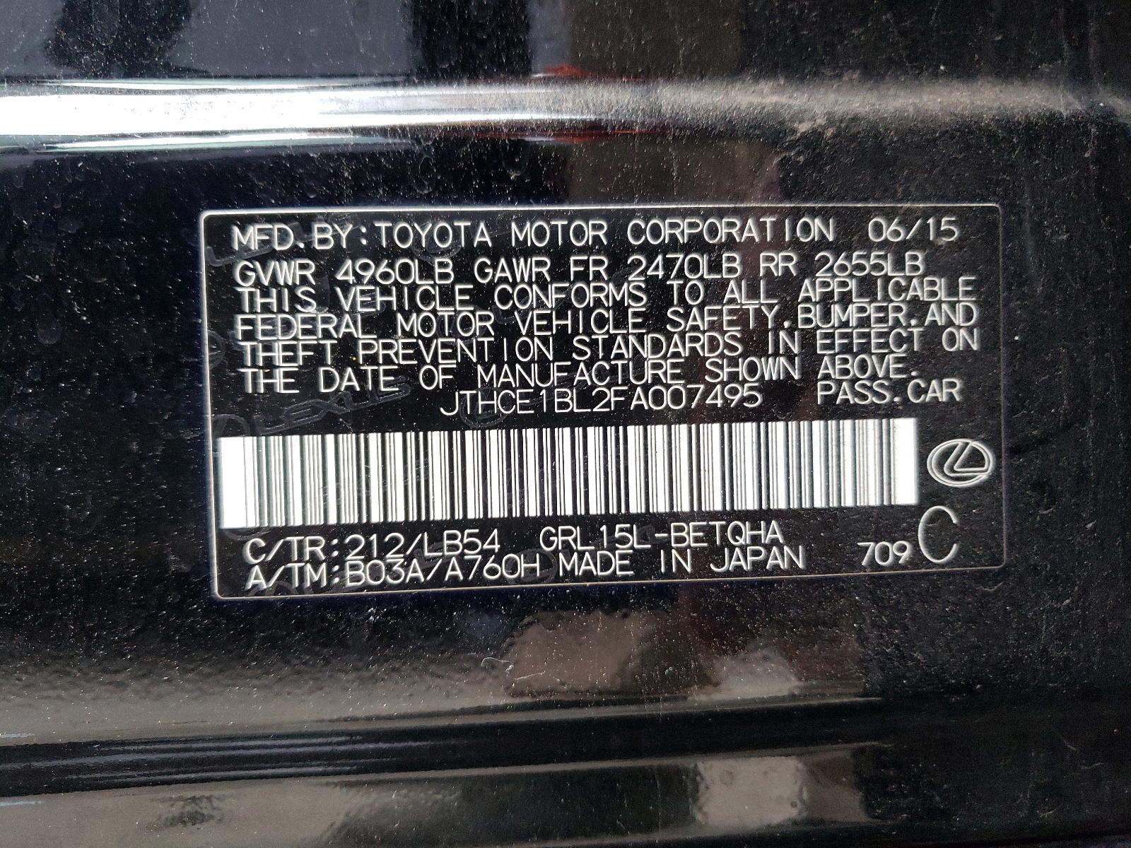 Photo 10 from auction – 2015 LEXUS GS 350 with VIN JTHCE1BL2FA007495
