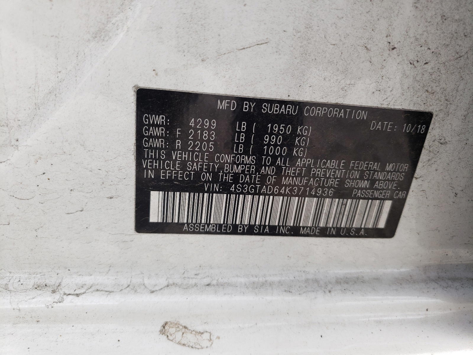 Photo 10 from auction – 2019 SUBARU IMPREZA PR with VIN 4S3GTAD64K3714936