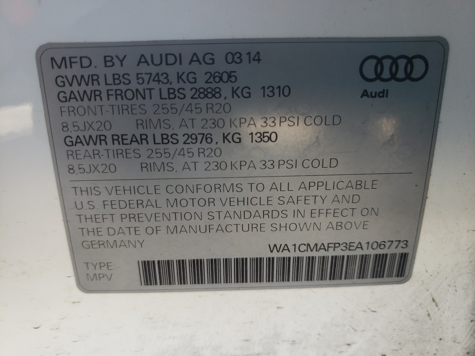 Photo 10 from auction – 2014 AUDI Q5 TDI PRE with VIN WA1CMAFP3EA106773