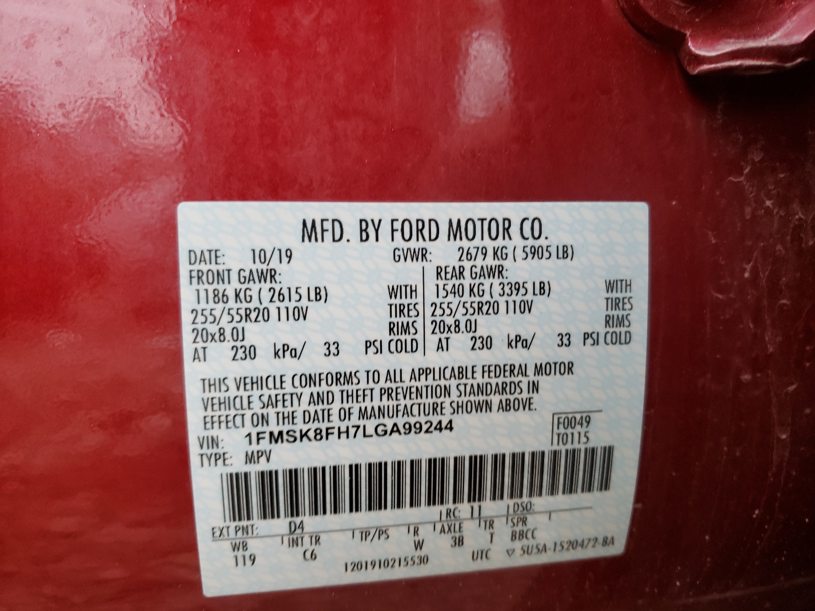 Photo 10 from auction – 2020 FORD EXPLORER L with VIN 1FMSK8FH7LGA99244