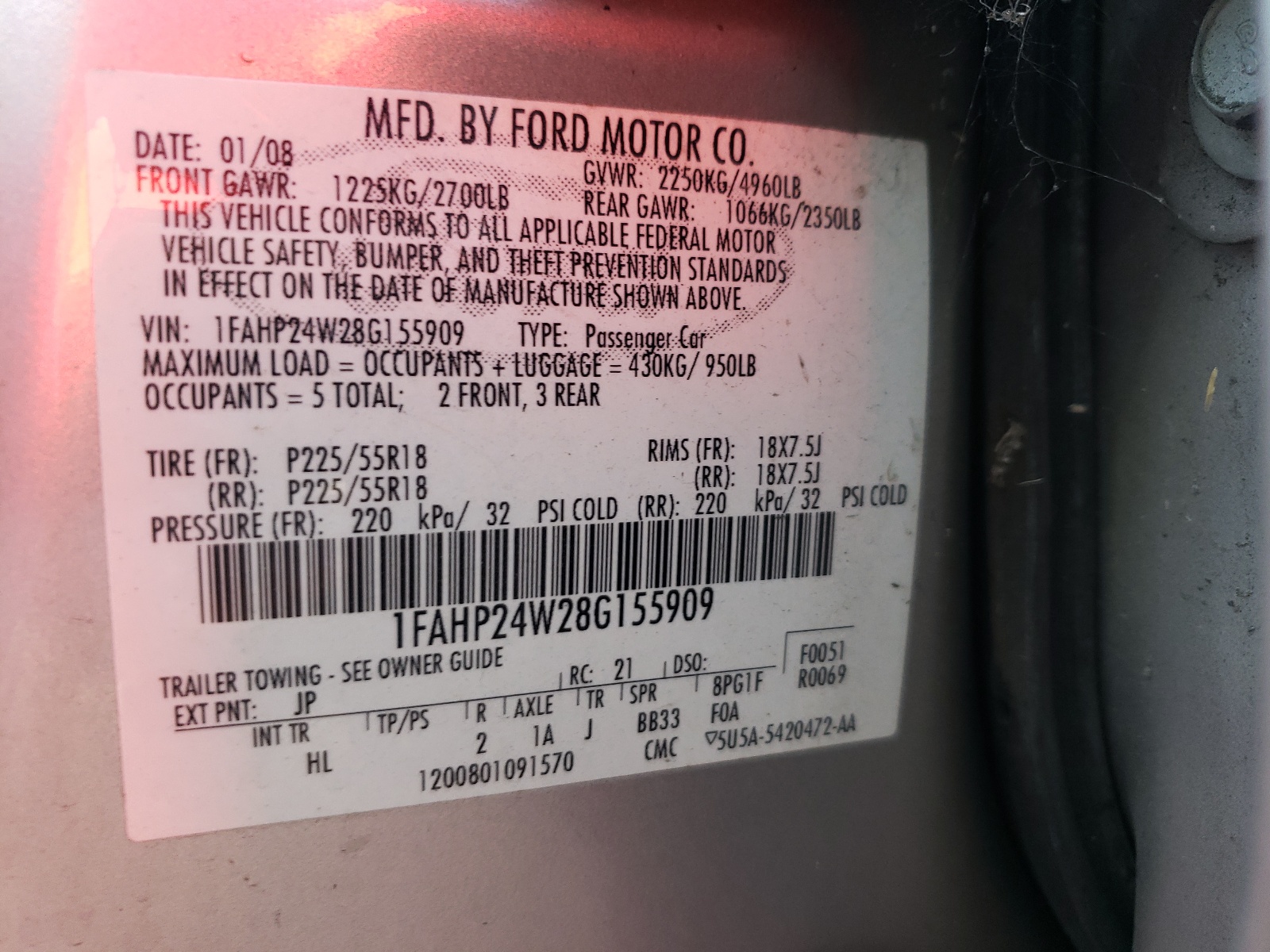 Photo 10 from auction – 2008 FORD TAURUS SEL with VIN 1FAHP24W28G155909