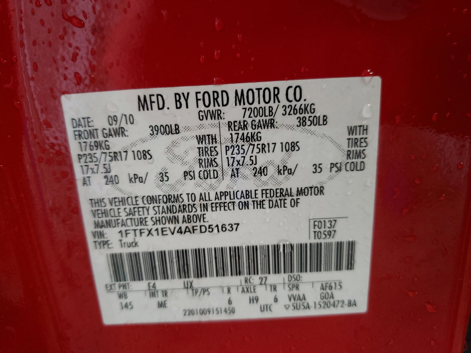 Photo 10 from auction – 2010 FORD F150 SUPER with VIN 1FTFX1EV4AFD51637