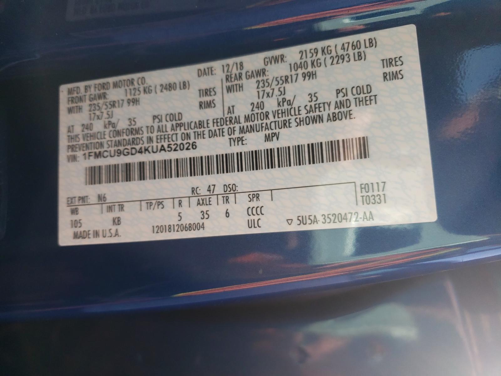 Photo 10 from auction – 2019 FORD ESCAPE SE with VIN 1FMCU9GD4KUA52026