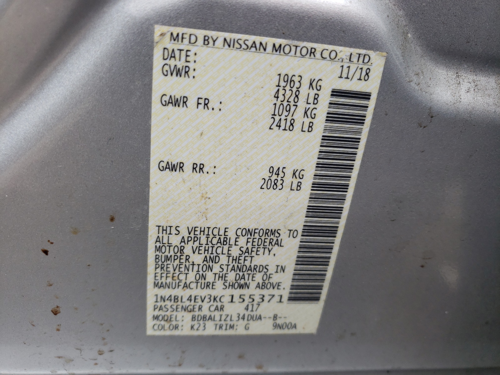 Photo 10 from auction – 2019 NISSAN ALTIMA SL with VIN 1N4BL4EV3KC155371
