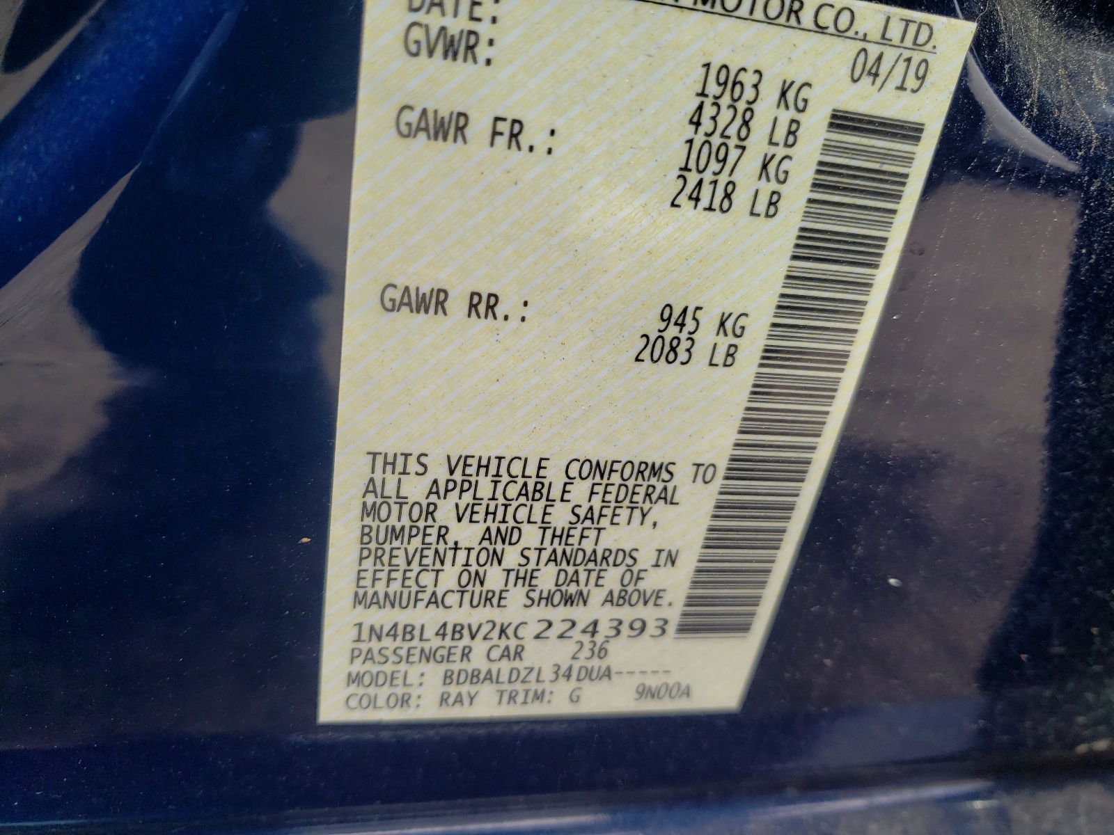 Photo 10 from auction – 2019 NISSAN ALTIMA S with VIN 1N4BL4BV2KC224393