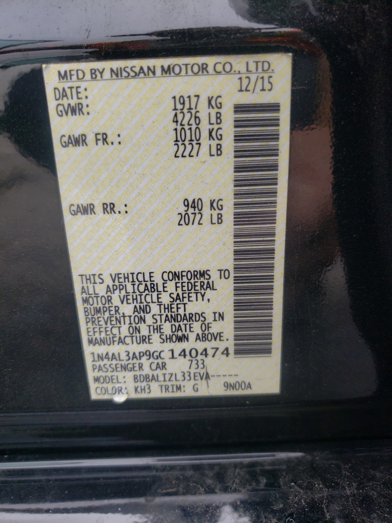 Photo 10 from auction – 2016 NISSAN ALTIMA 2.5 with VIN 1N4AL3AP9GC140474
