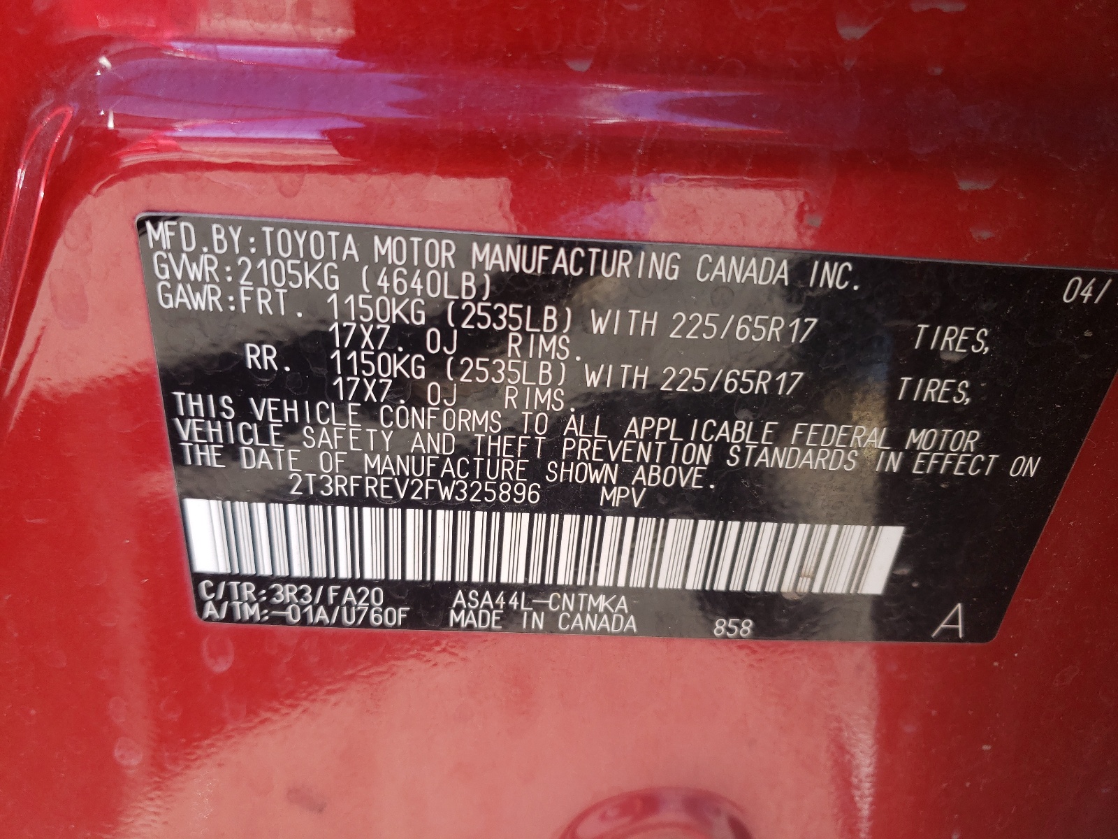 Photo 10 from auction – 2015 TOYOTA RAV4 XLE with VIN 2T3RFREV2FW325896