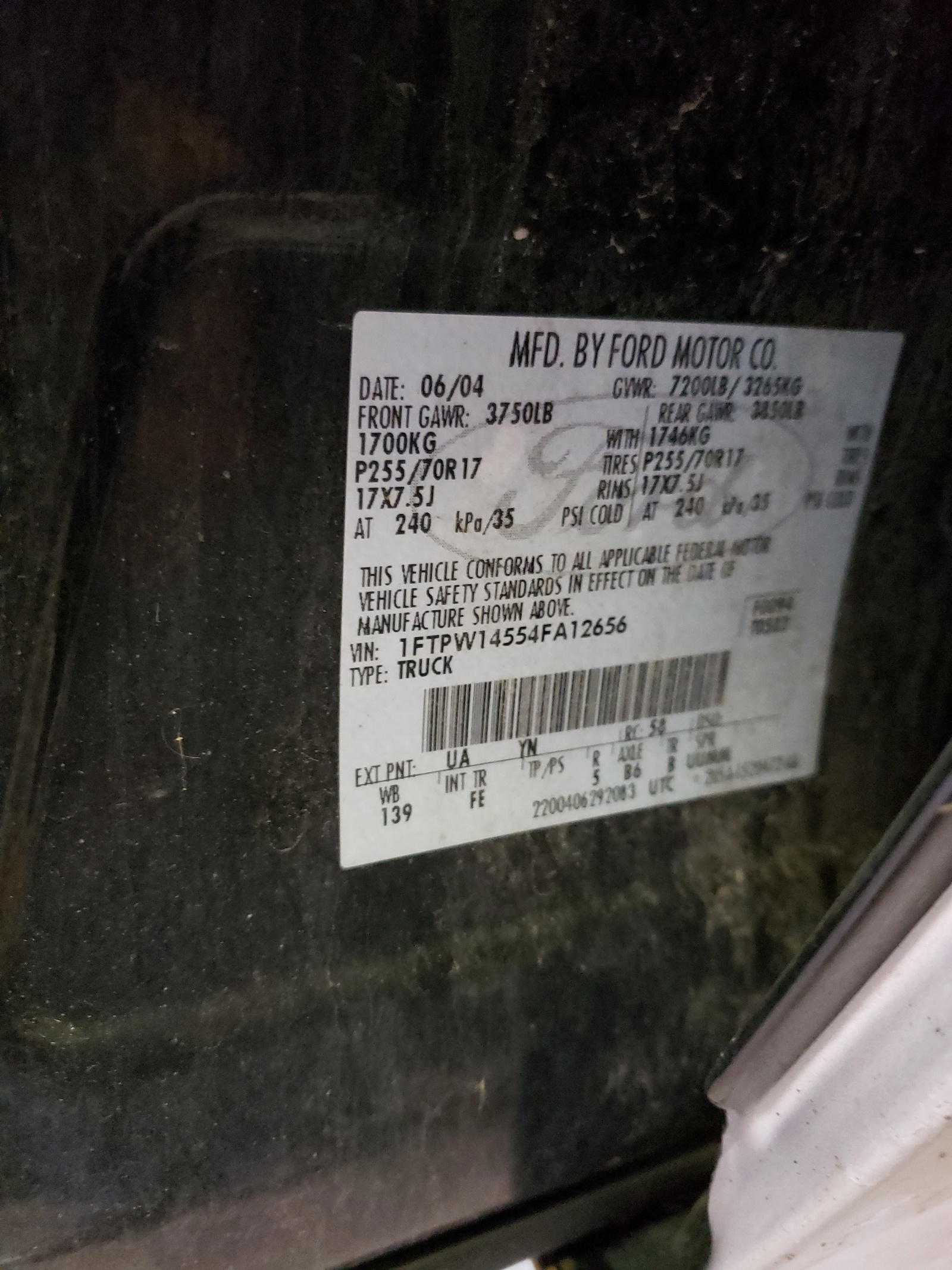 Photo 10 from auction – 2004 FORD F150 SUPER with VIN 1FTPW14554FA12656