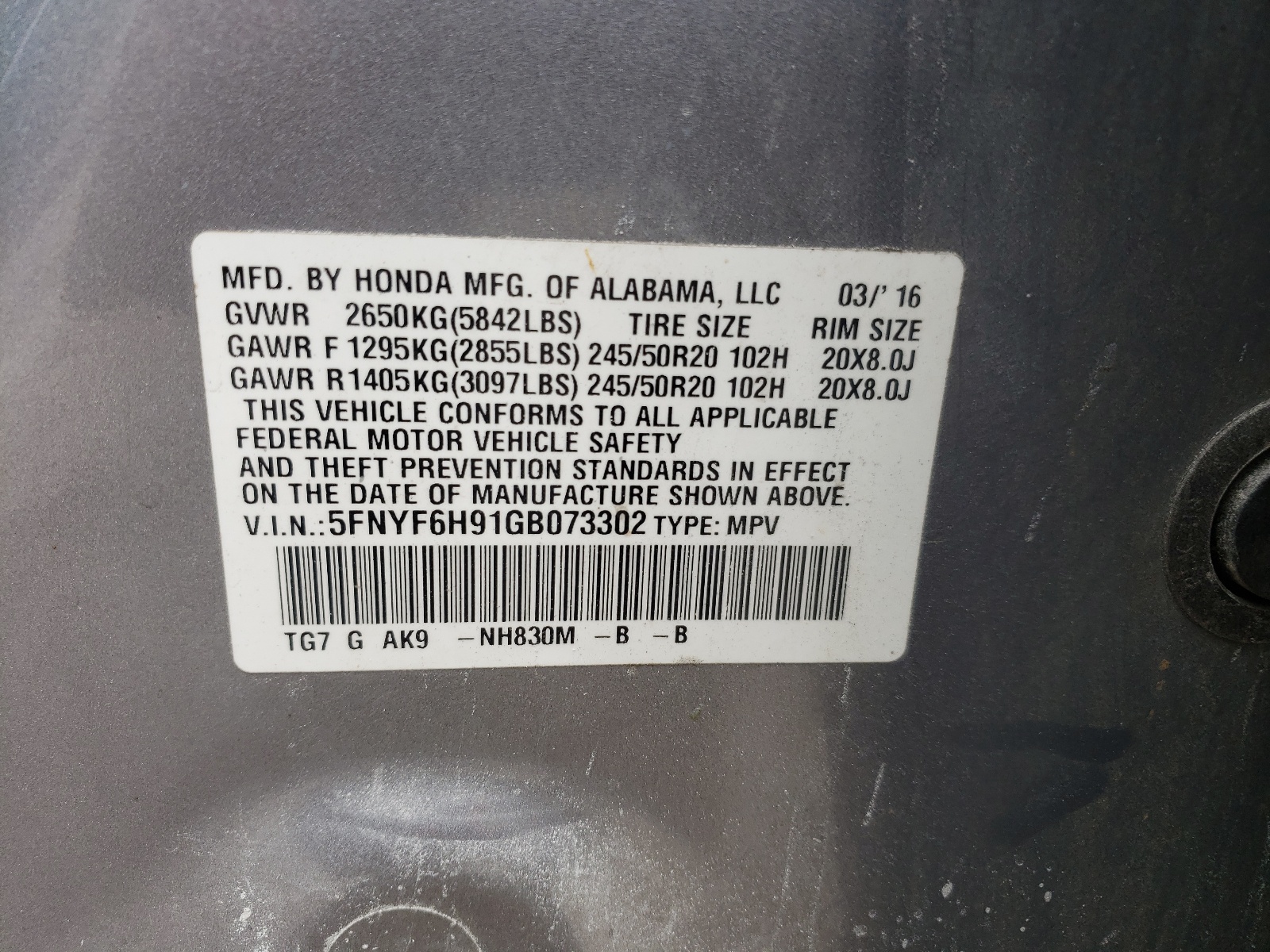Photo 10 from auction – 2016 HONDA PILOT TOUR with VIN 5FNYF6H91GB073302