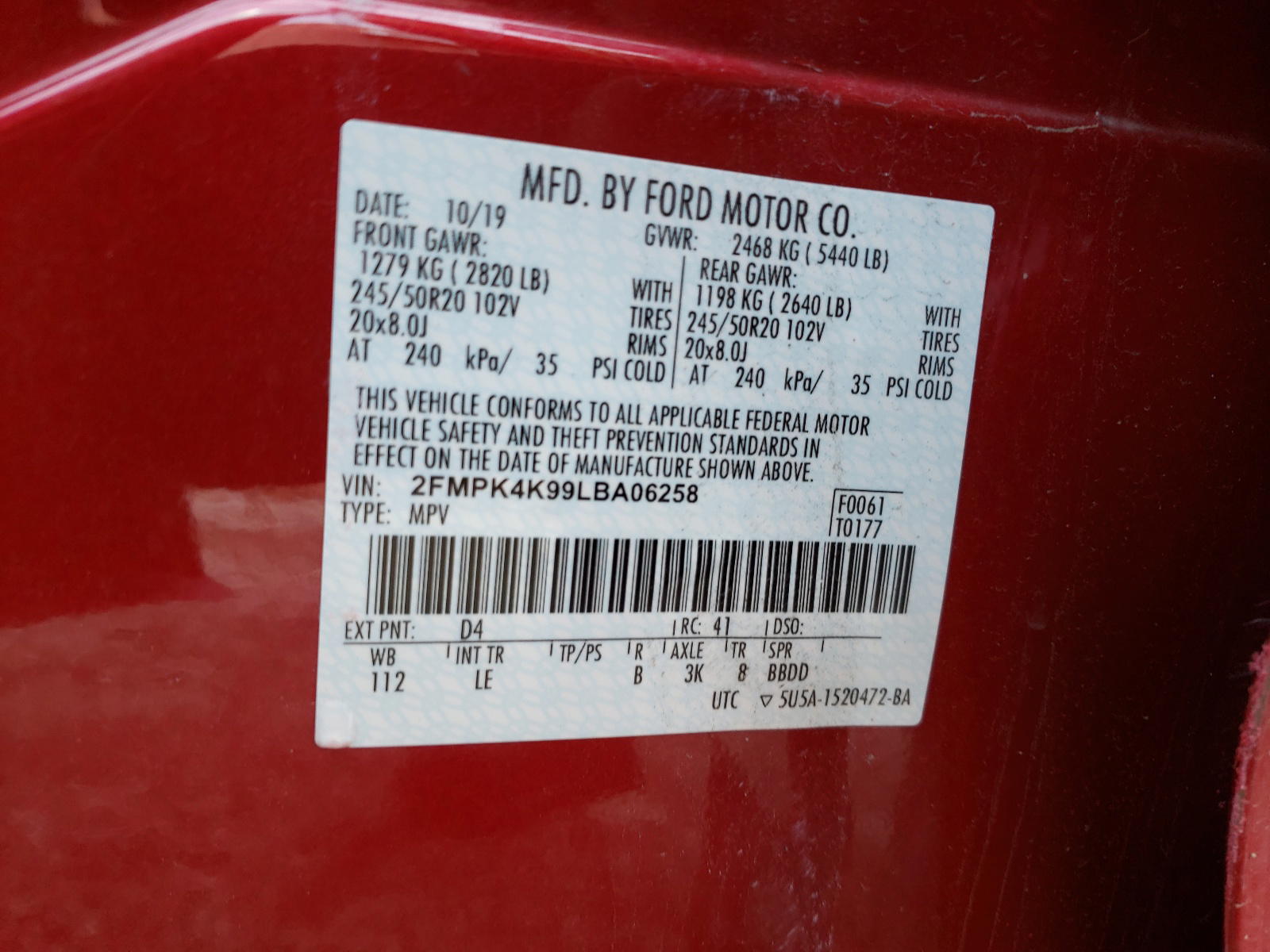 Photo 10 from auction – 2020 FORD EDGE with VIN 2FMPK4K99LBA06258