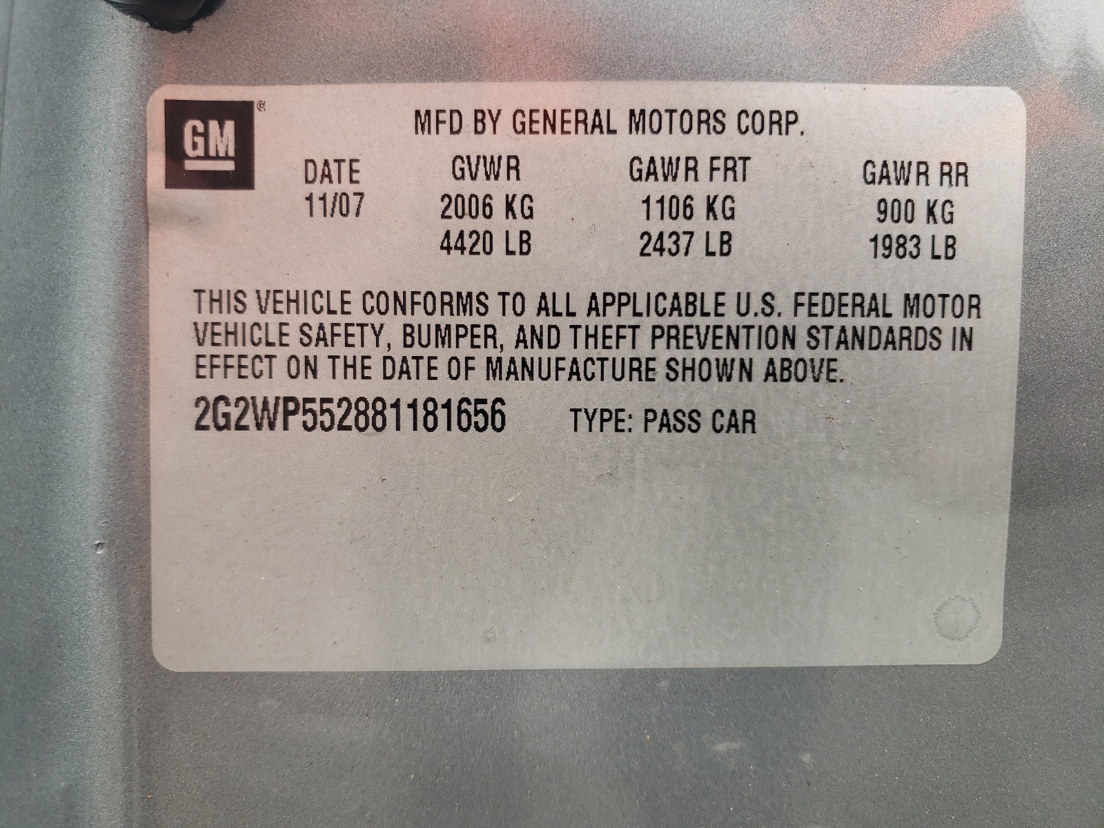 Photo 10 from auction – 2008 PONTIAC GRAND PRIX with VIN 2G2WP552881181656