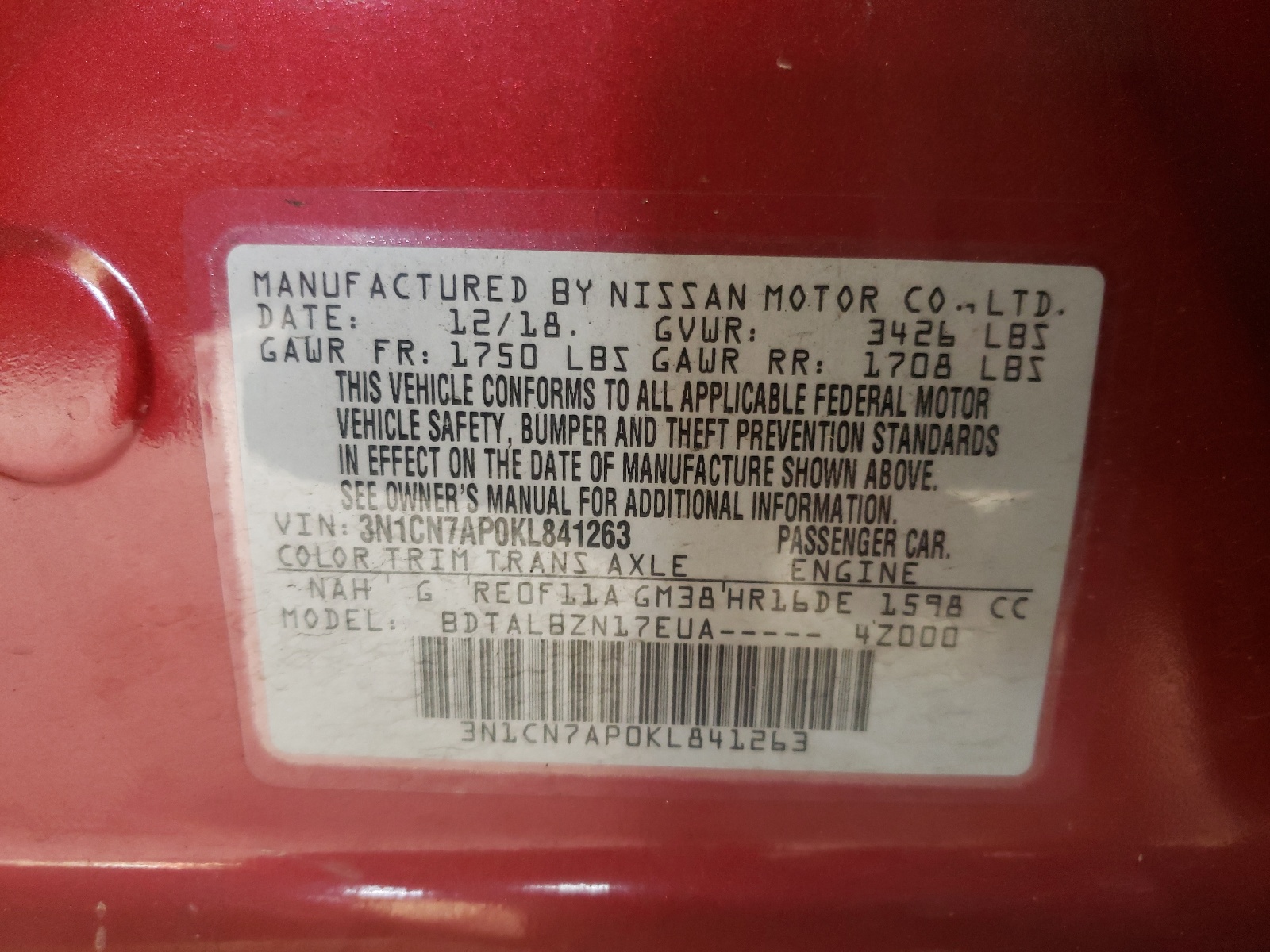 Photo 10 from auction – 2019 NISSAN VERSA S with VIN 3N1CN7AP0KL841263