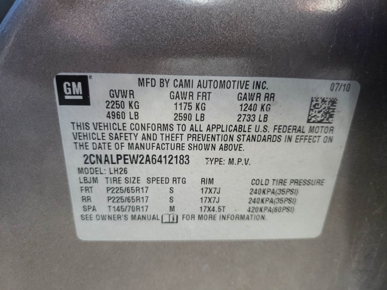 Photo 10 from auction – 2010 CHEVROLET EQUINOX LT with VIN 2CNALPEW2A6412183