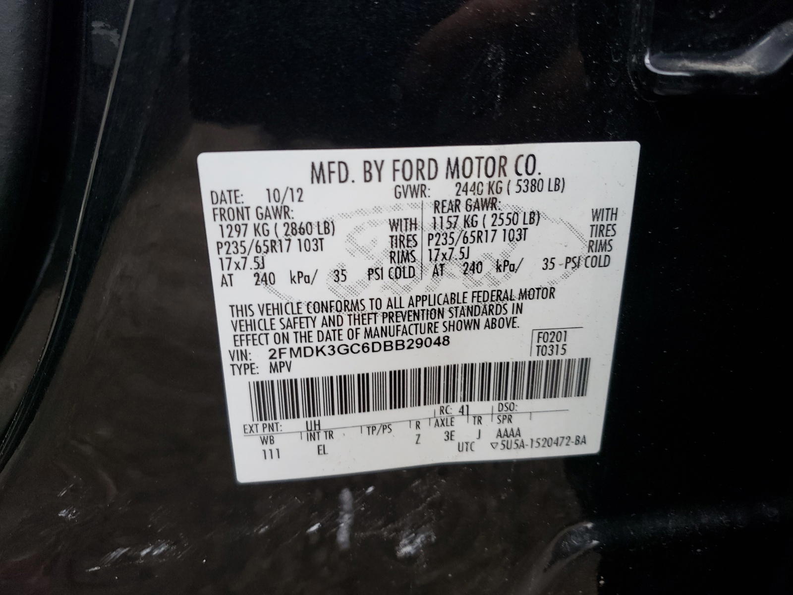 Photo 10 from auction – 2013 FORD EDGE SE with VIN 2FMDK3GC6DBB29048