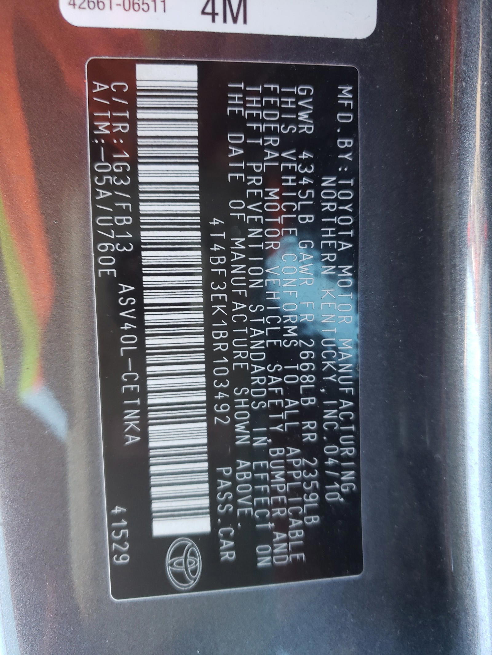 Photo 10 from auction – 2011 TOYOTA CAMRY BASE with VIN 4T4BF3EK1BR103492