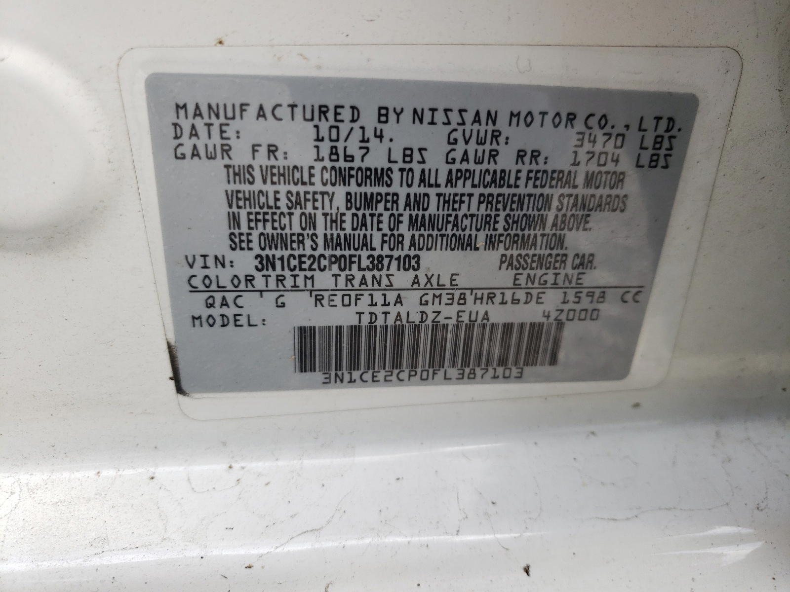 Photo 10 from auction – 2015 NISSAN VERSA NOTE with VIN 3N1CE2CP0FL387103
