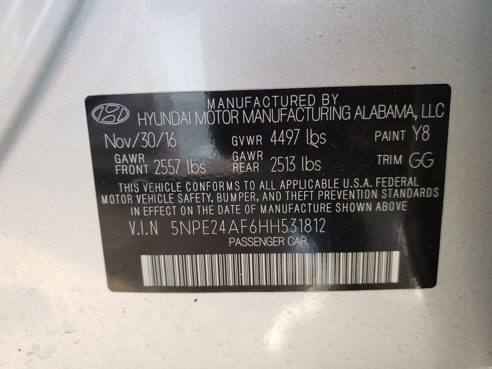 Photo 10 from auction – 2017 HYUNDAI SONATA SE with VIN 5NPE24AF6HH531812