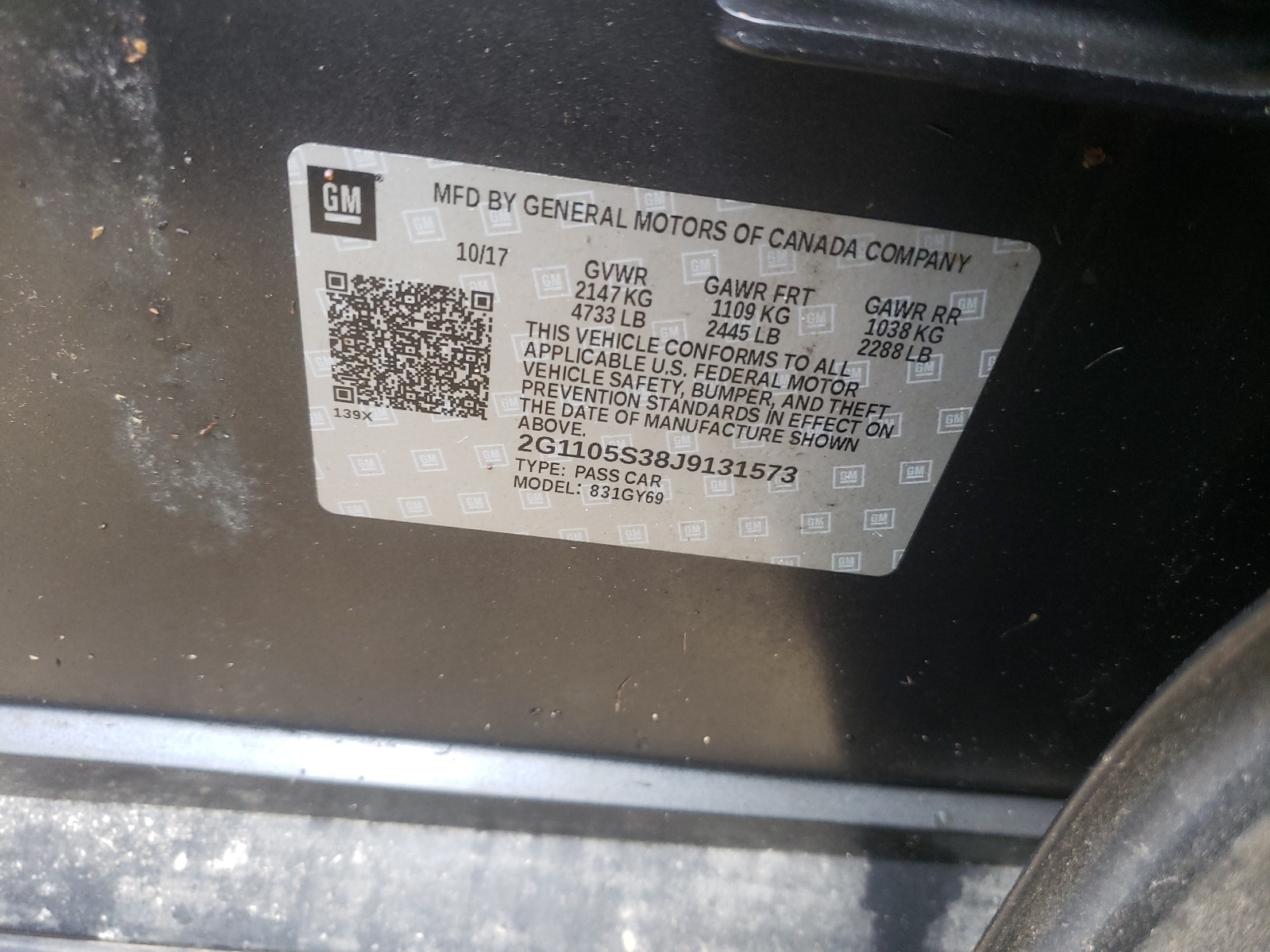 Photo 10 from auction – 2018 CHEVROLET IMPALA LT with VIN 2G1105S38J9131573