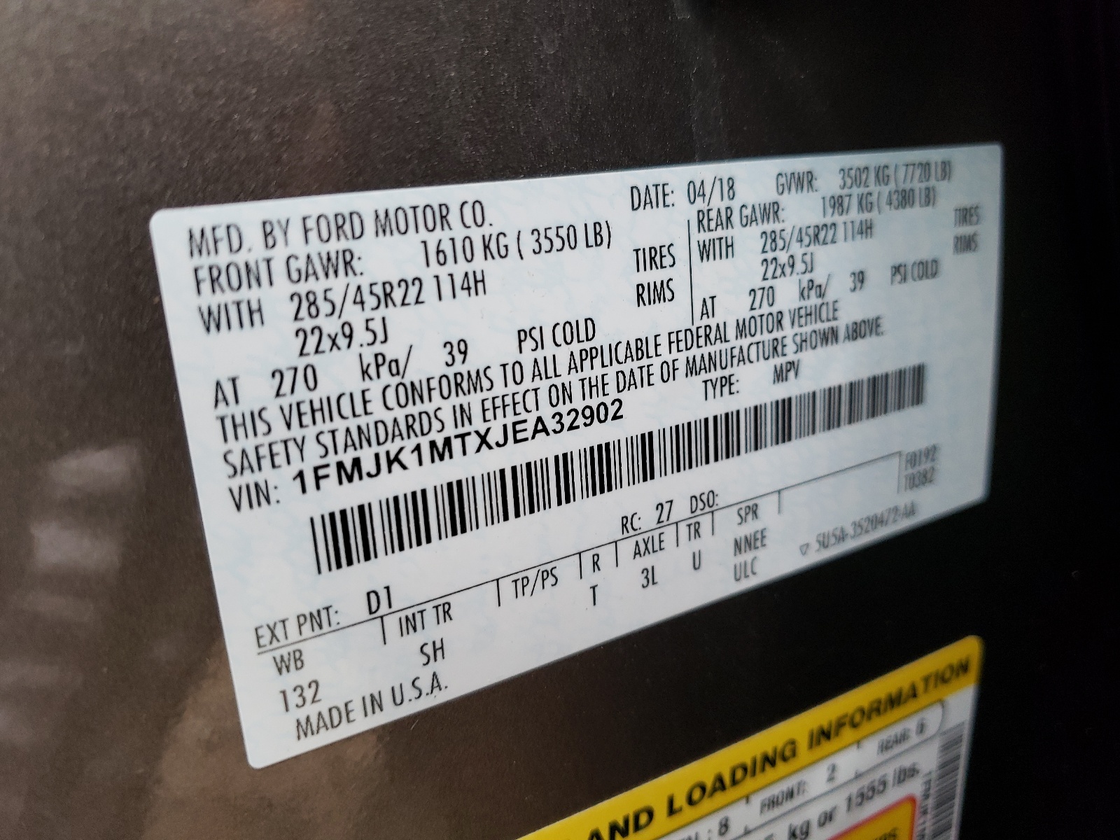 Photo 10 from auction – 2018 FORD EXPEDITION with VIN 1FMJK1MTXJEA32902