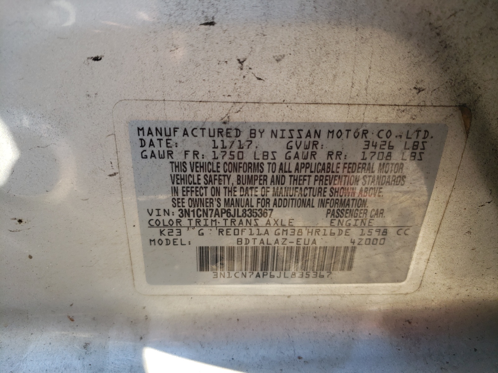 Photo 10 from auction – 2018 NISSAN VERSA S with VIN 3N1CN7AP6JL835367