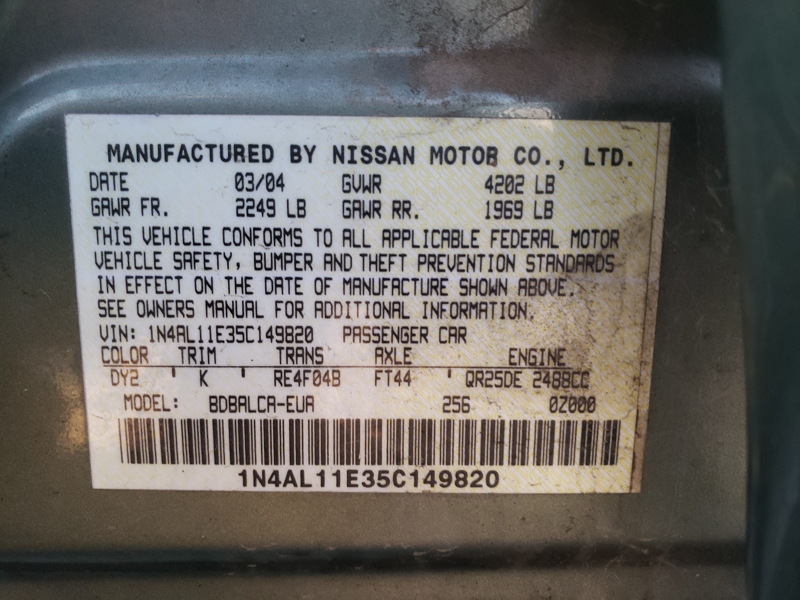 Photo 10 from auction – 2005 NISSAN ALTIMA S with VIN 1N4AL11E35C149820